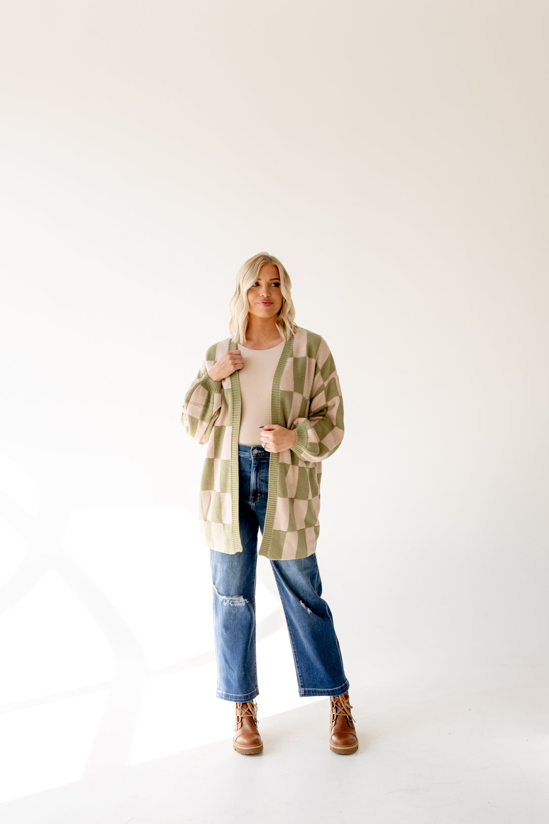 Kendra Checkered Cardigan | Olive/Beige