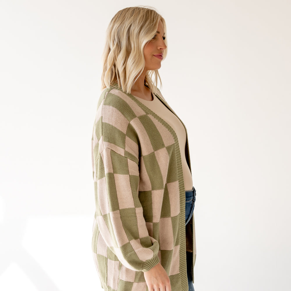 
                      
                        Kendra Checkered Cardigan | Olive/Beige
                      
                    