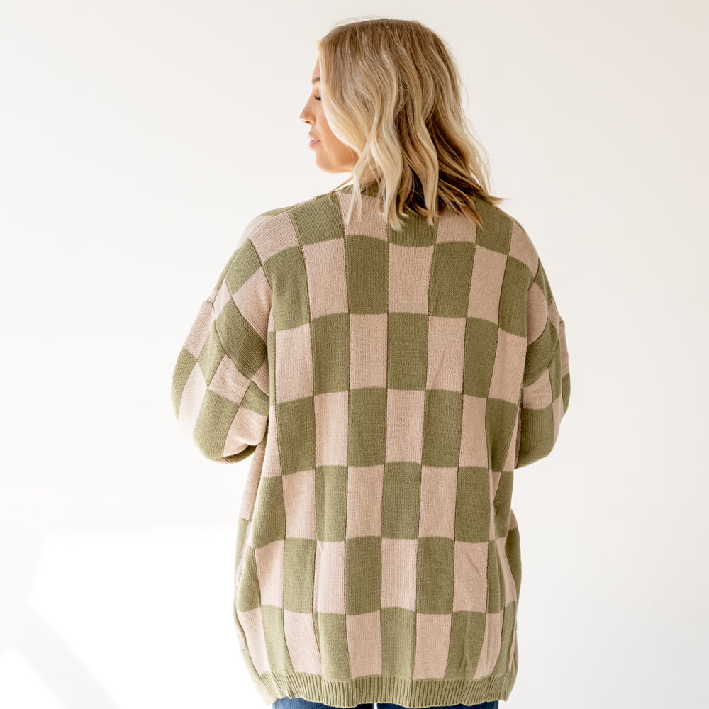 
                      
                        Kendra Checkered Cardigan | Olive/Beige
                      
                    