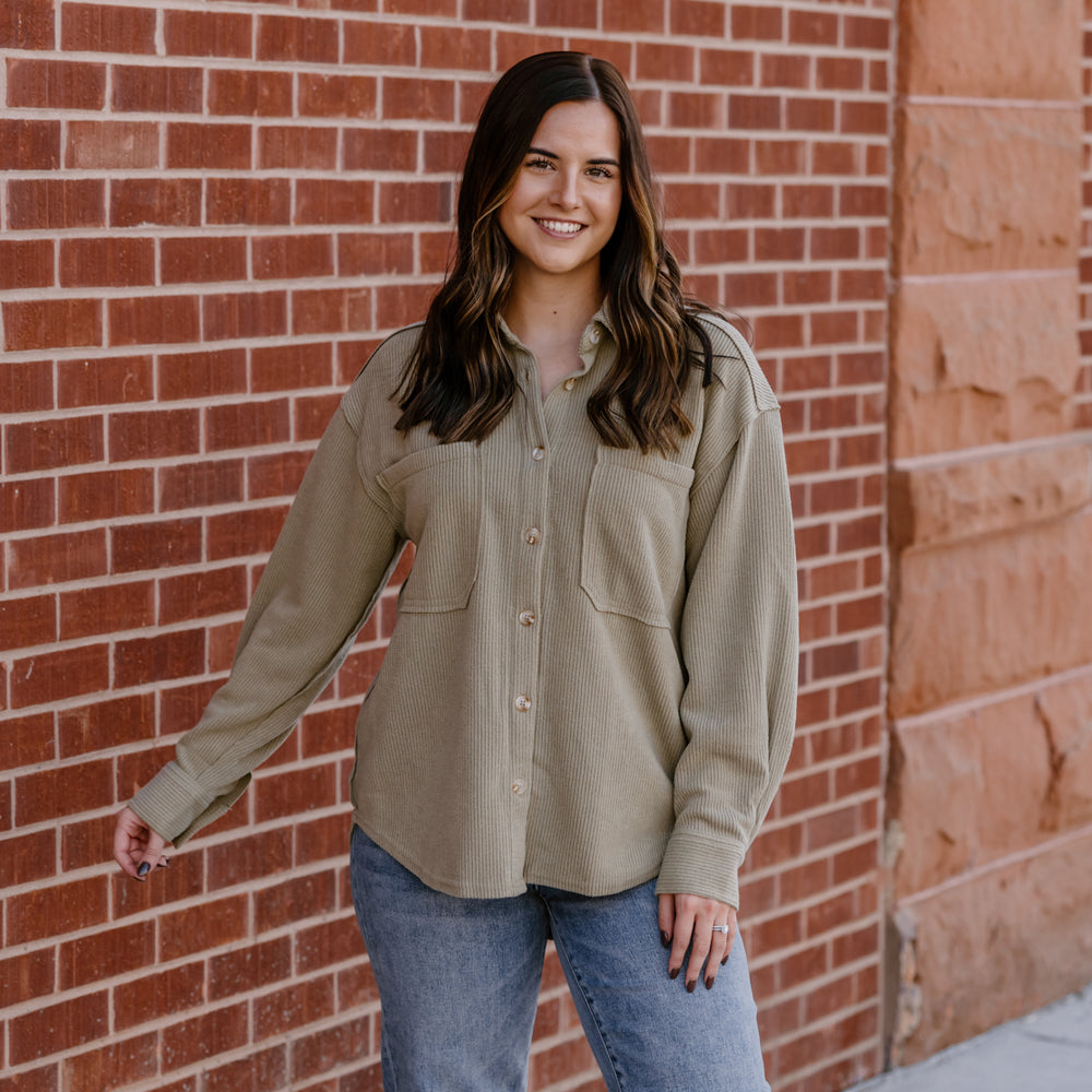 Karsyn Ribbed Button Up | Light Olive