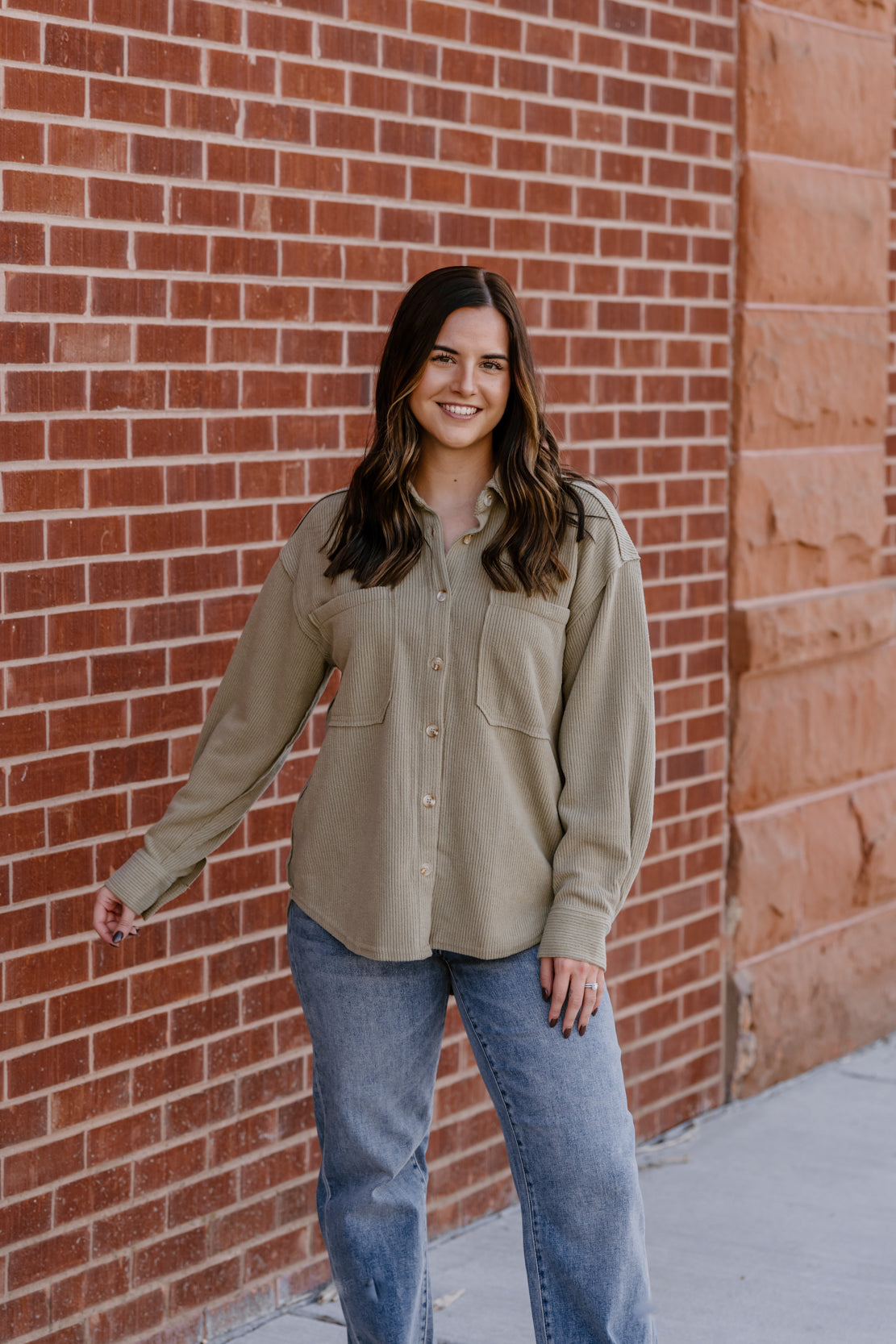 Karsyn Ribbed Button Up | Light Olive