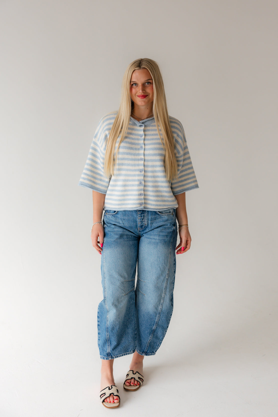 Mila Quarter Sleeve Striped Cardi | Light Blue
