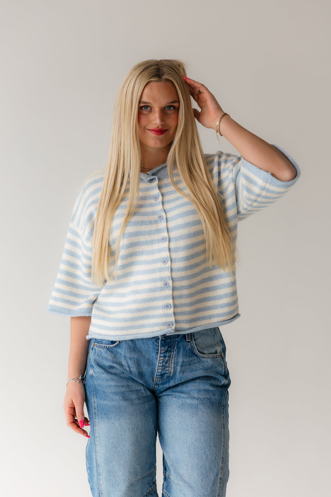 Mila Quarter Sleeve Striped Cardi | Light Blue