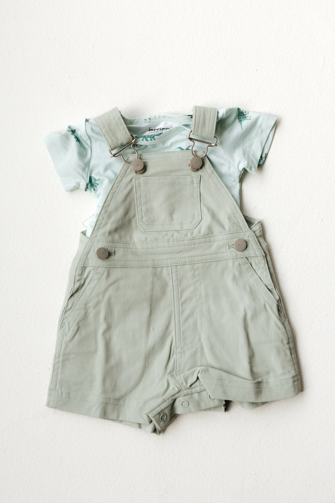 Babysprouts Cotton Overalls Set | Aqua Grey Dinosaur