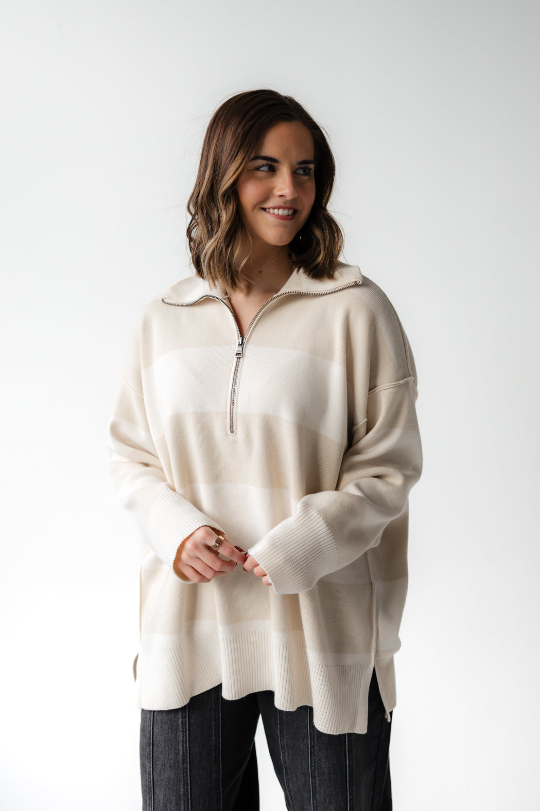 Harlow Striped Half Zip Sweatshirt | Sand Cream
