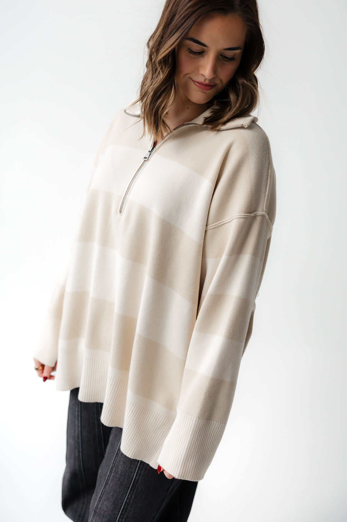 Harlow Striped Half Zip Sweatshirt | Sand Cream