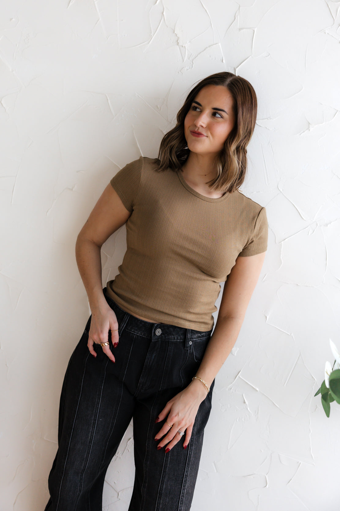 Wait A Minute Baby Tee | Antique Bronze