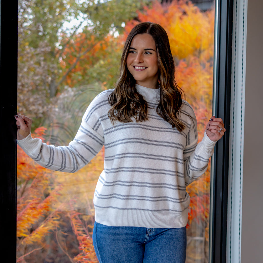 
                      
                        Elisa Ribbed Knit Striped Sweater | Ivory
                      
                    