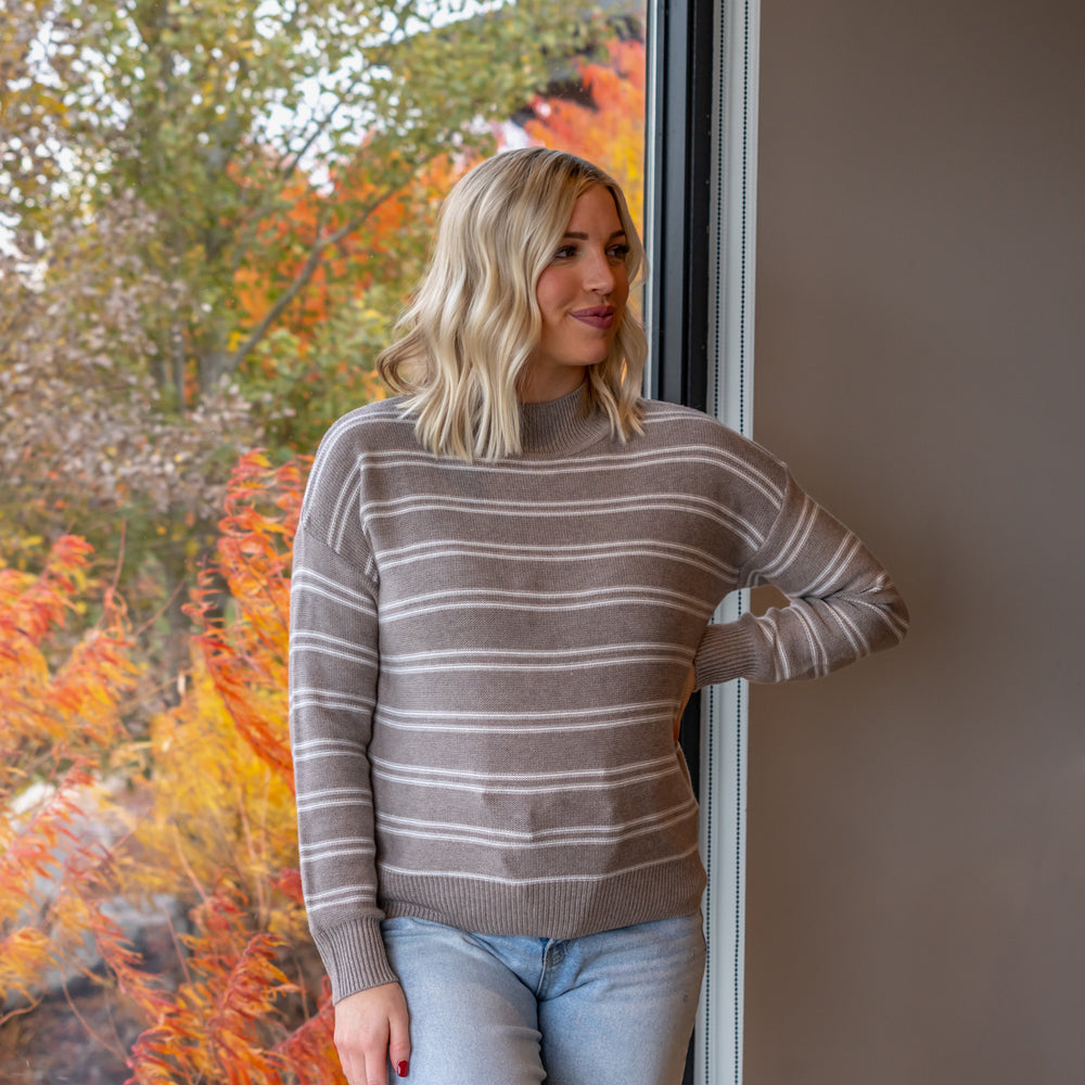 Elisa Ribbed Knit Striped Sweater | Greige