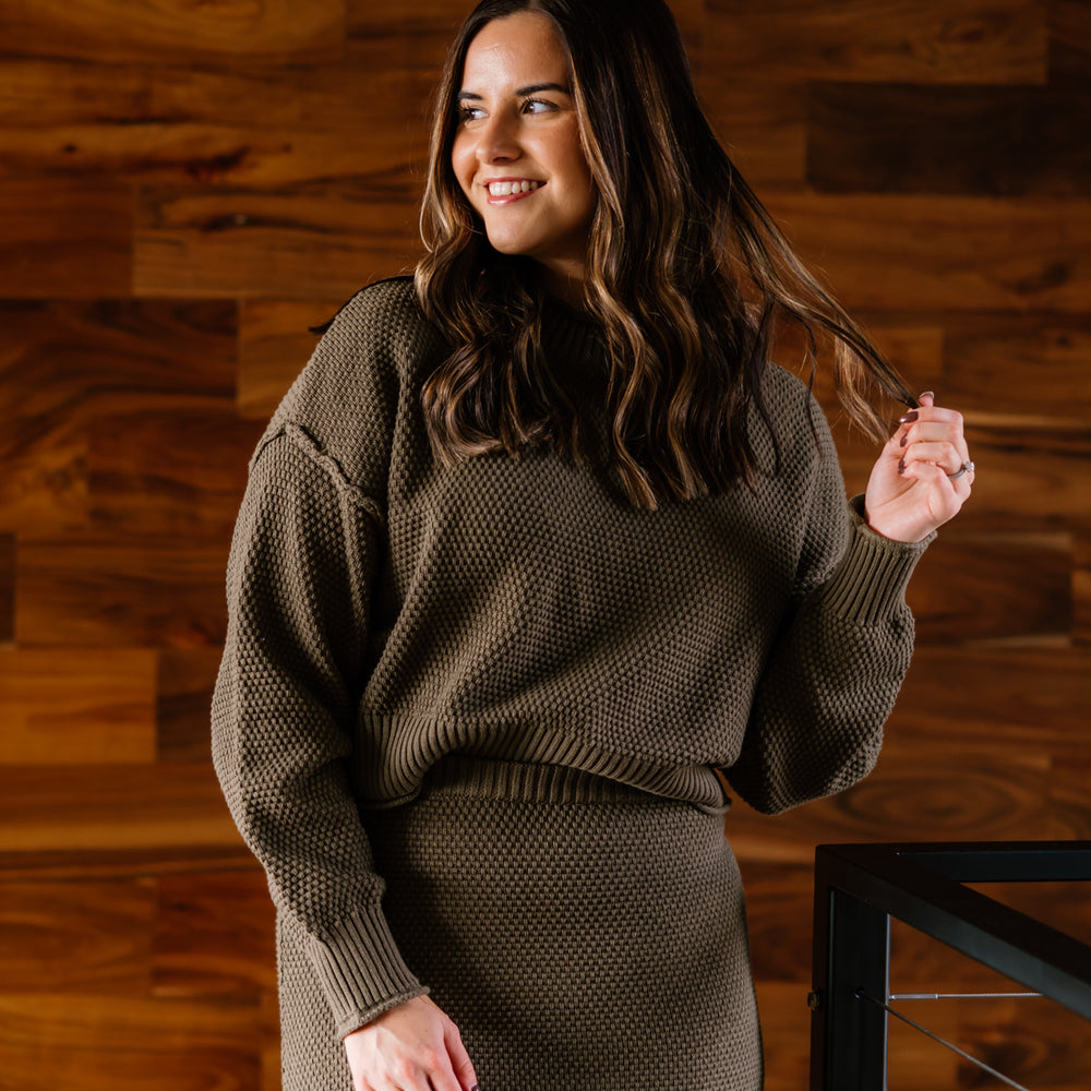 Indy Waffle Skirt & Sweater Set | Olive