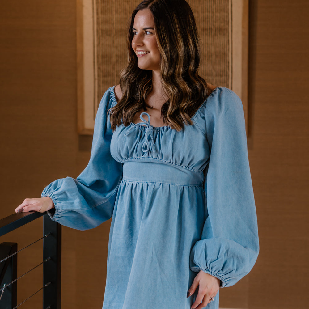 
                      
                        Ashtyn Ruched Mini Dress | Light Denim
                      
                    