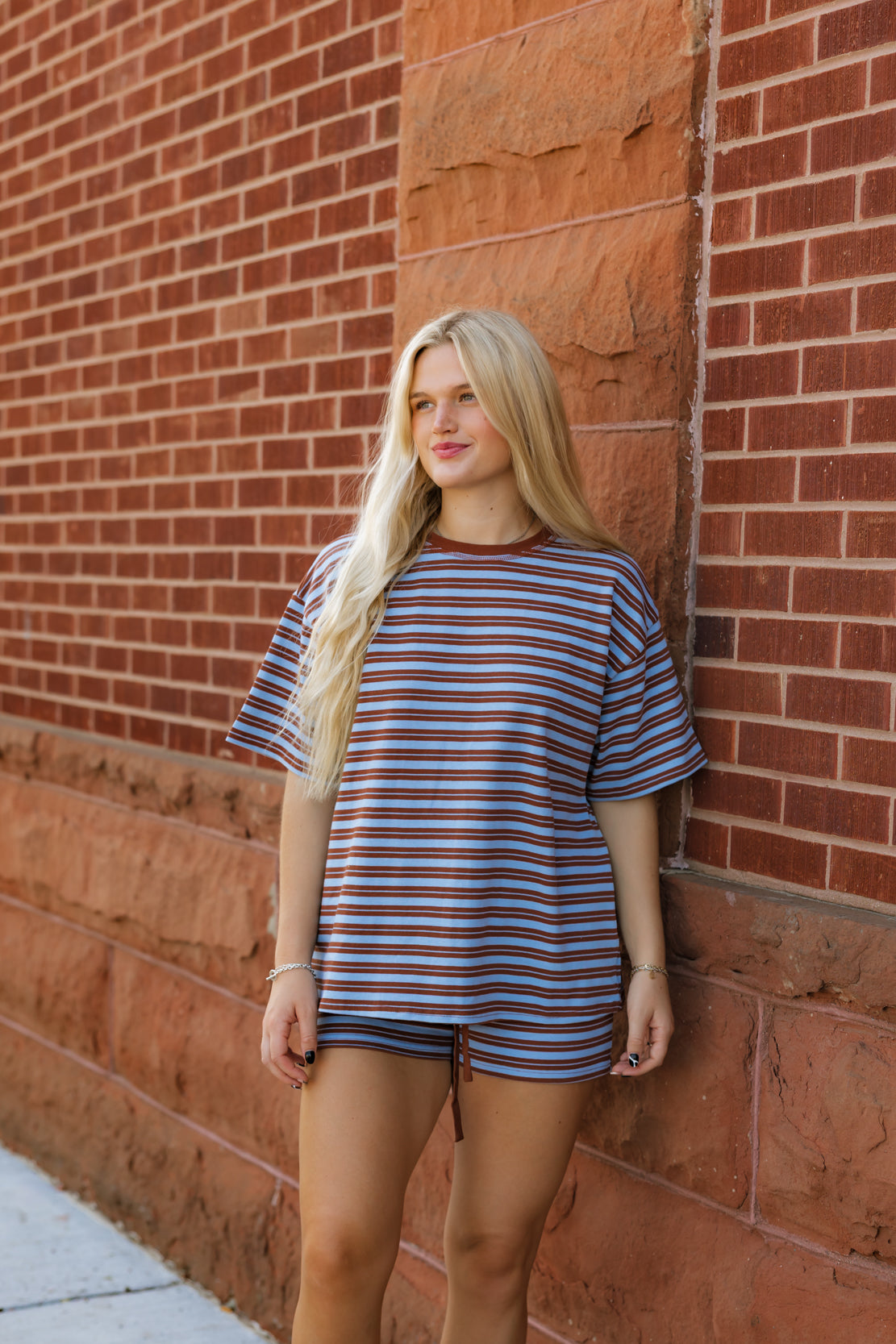 Jessi Striped Short Set | Brown/Light Blue