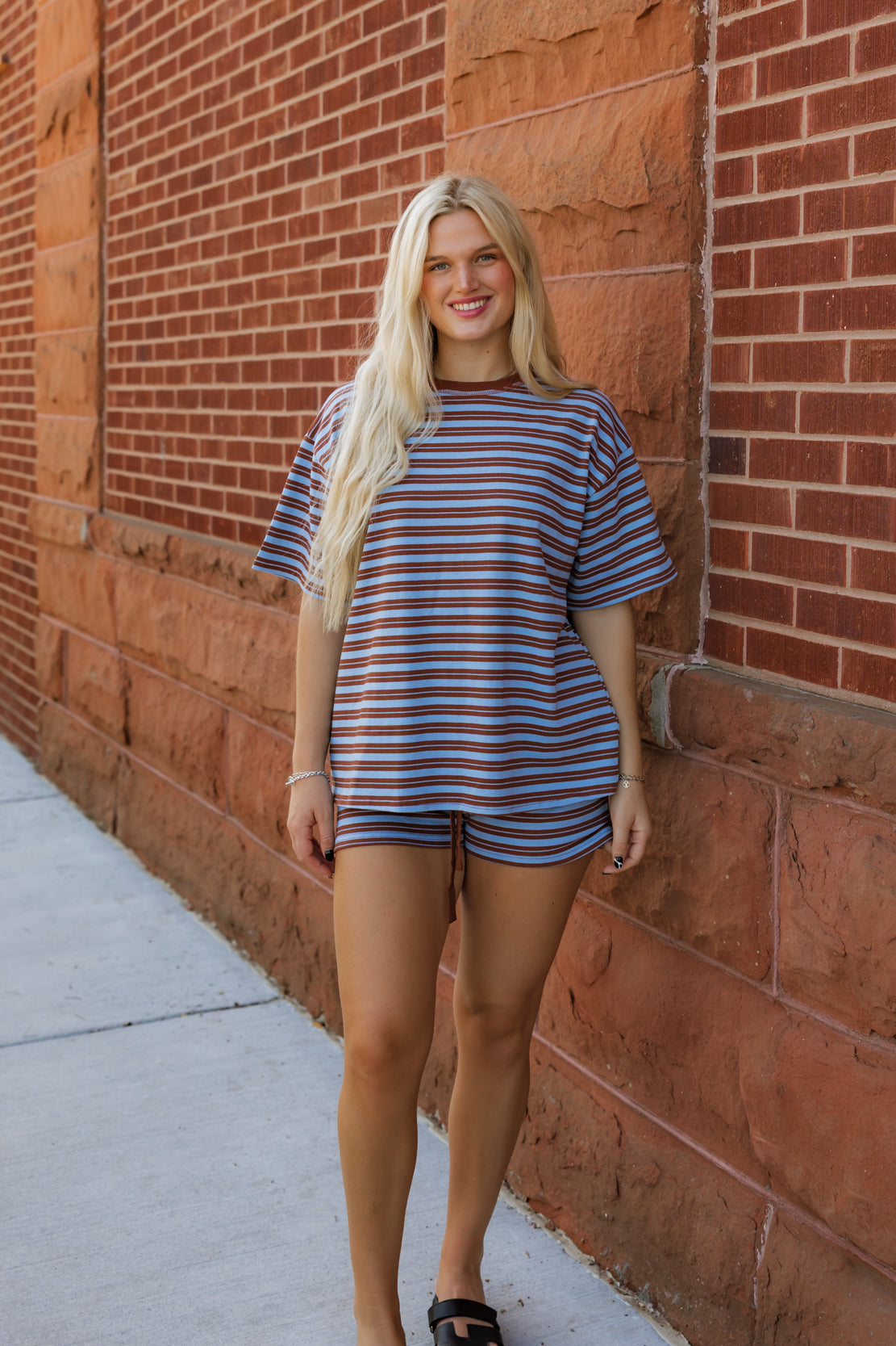 Jessi Striped Short Set | Brown/Light Blue