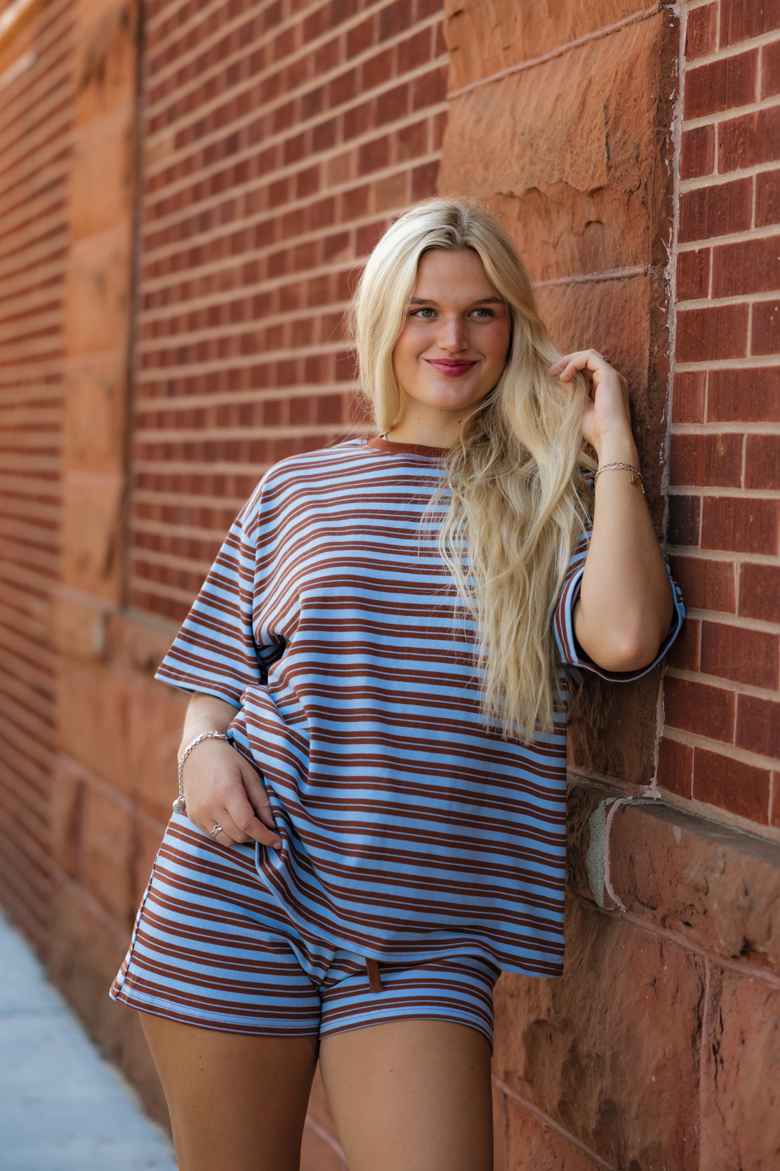 Jessi Striped Short Set | Brown/Light Blue