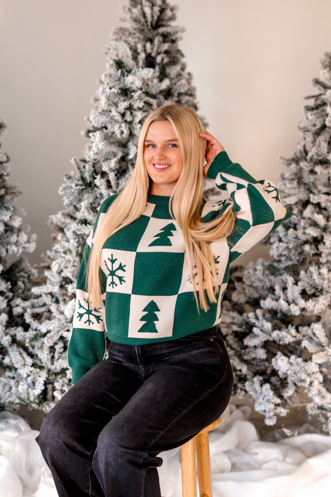 Christmas Checkered Sweater | Green/Cream