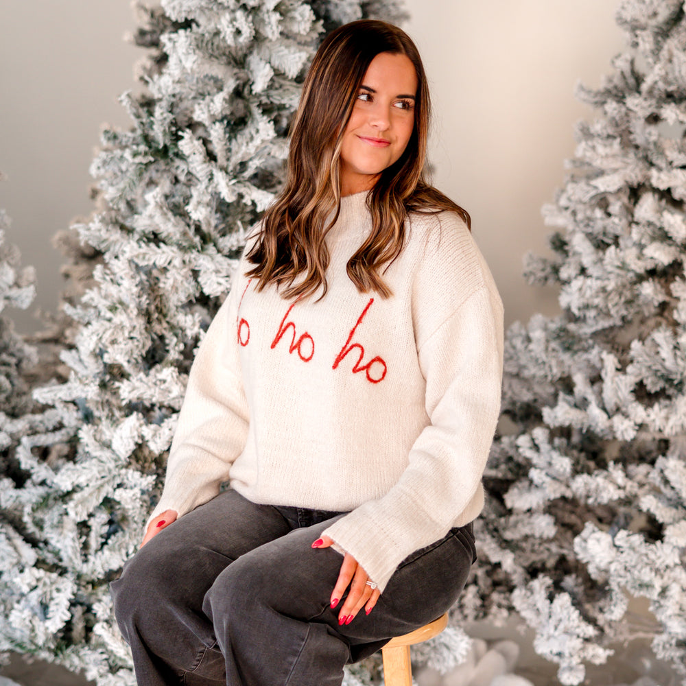 HO HO HO Mock Neck Sweater | White/Red