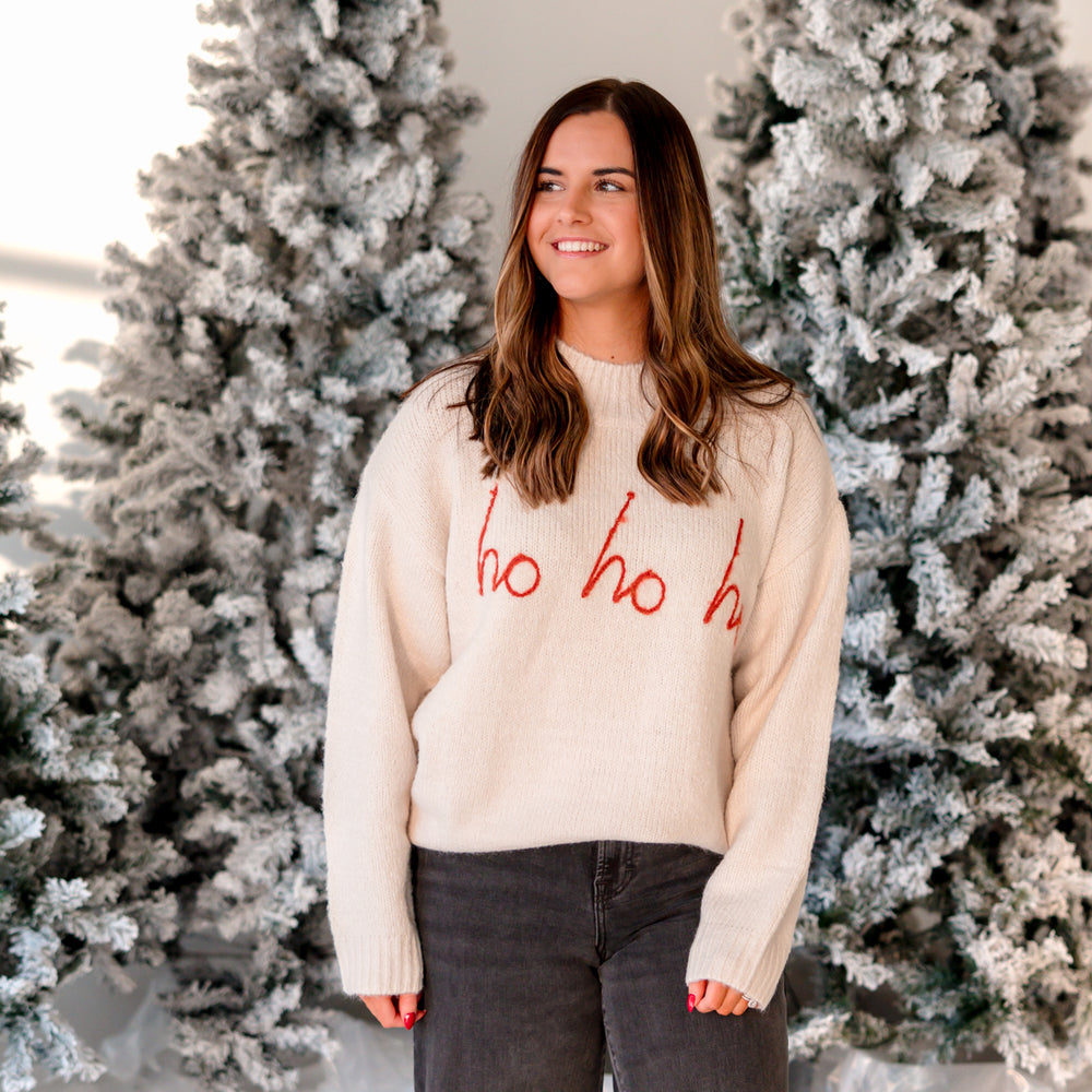 HO HO HO Mock Neck Sweater | White/Red