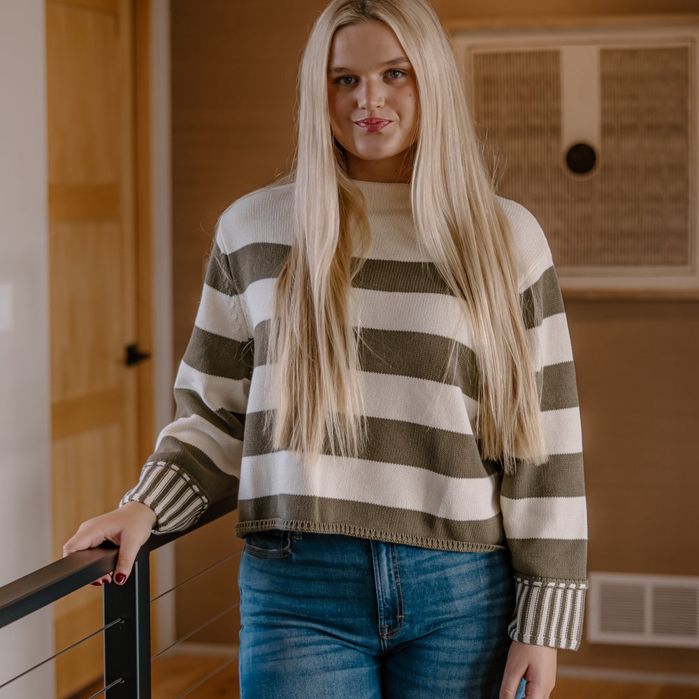 Faye Striped Knit Sweater | Olive/White