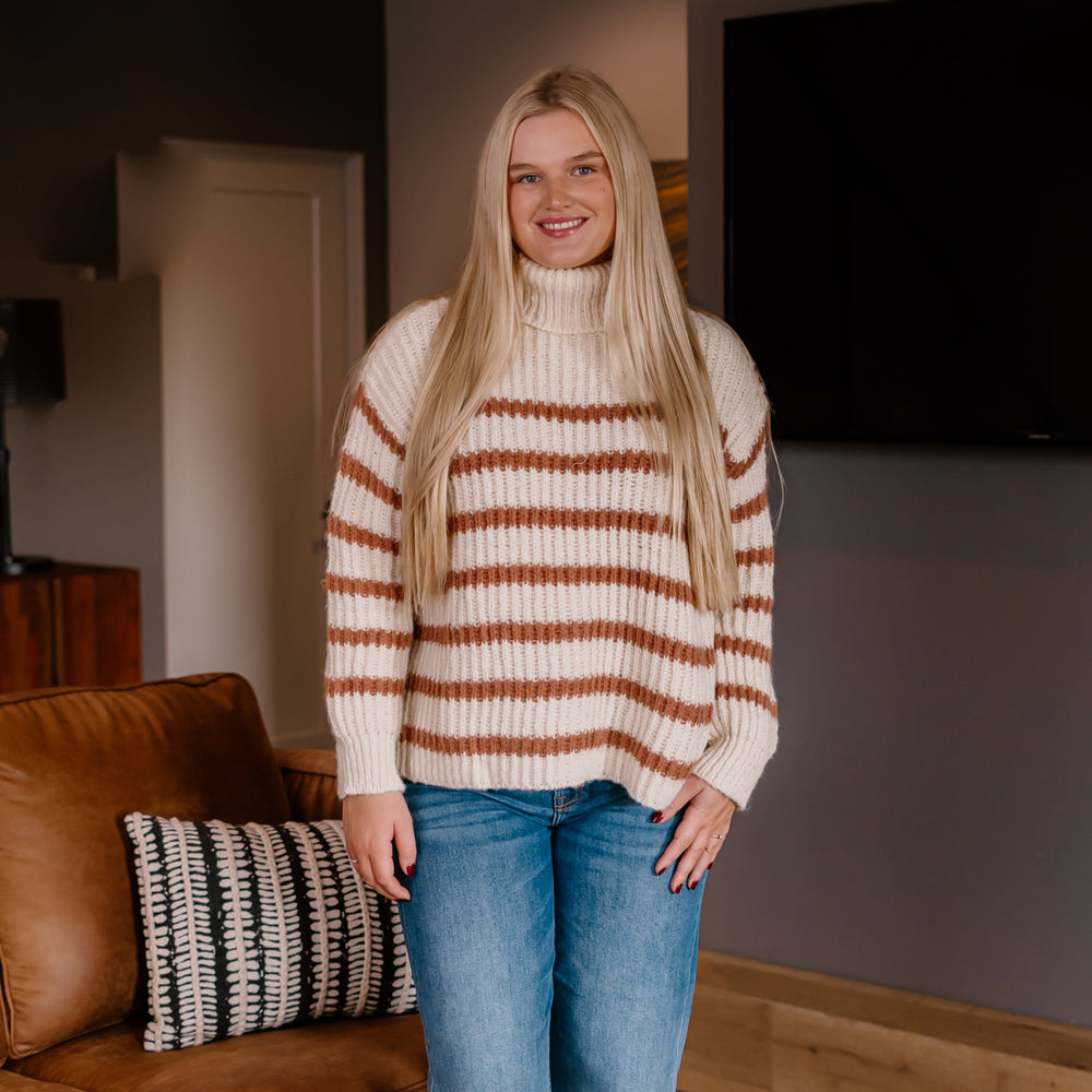 Allie Striped Turtleneck Sweater | Ivory Camel