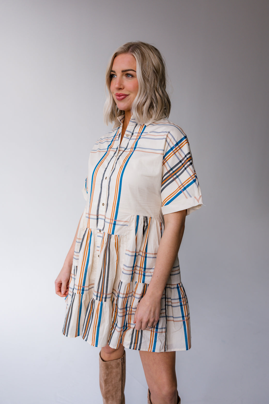 Delaney Plaid Mini Shirt Dress | Ivory