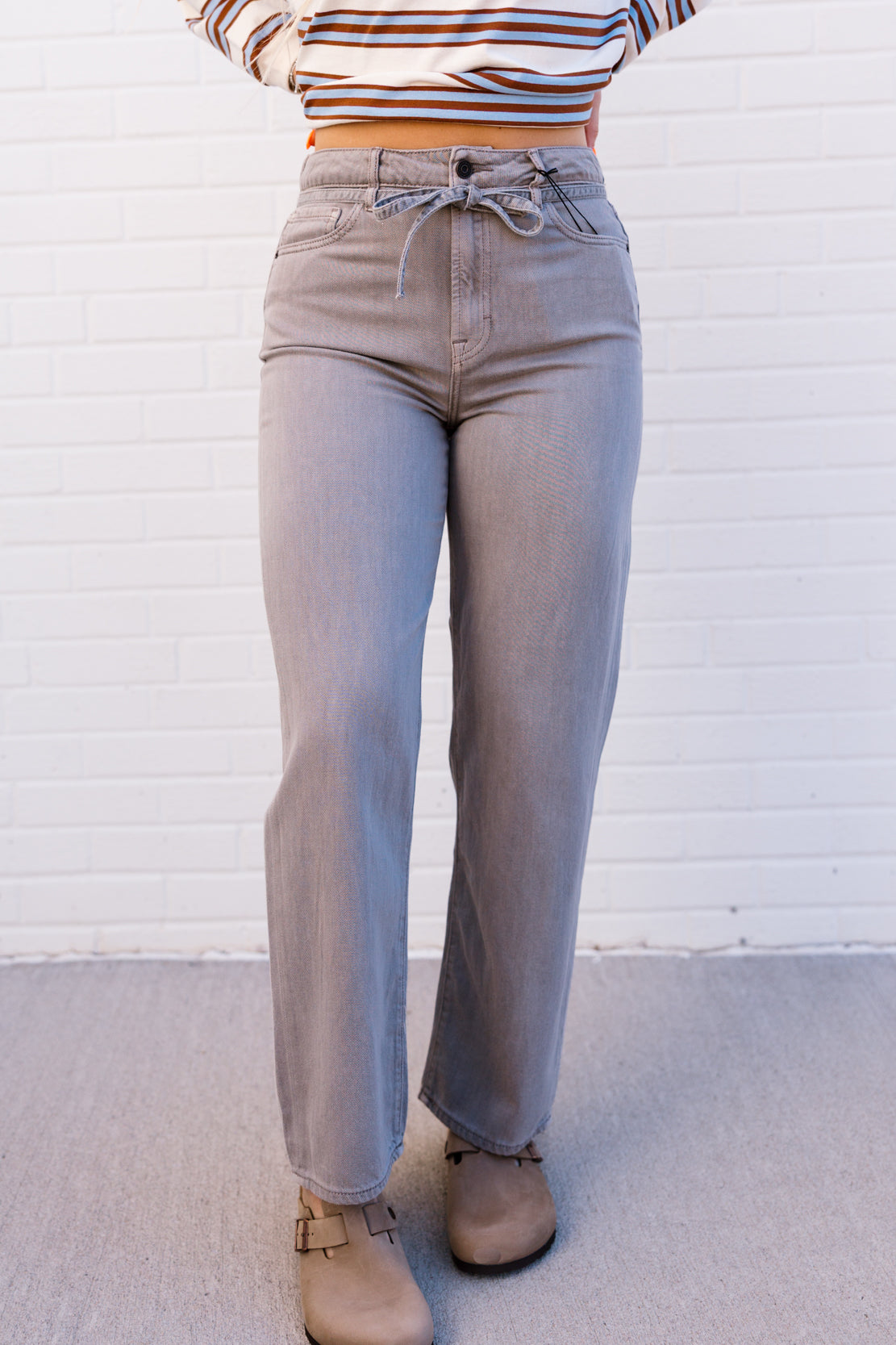 Ella High Rise Tie Waist Straight Leg Jean | Gravel