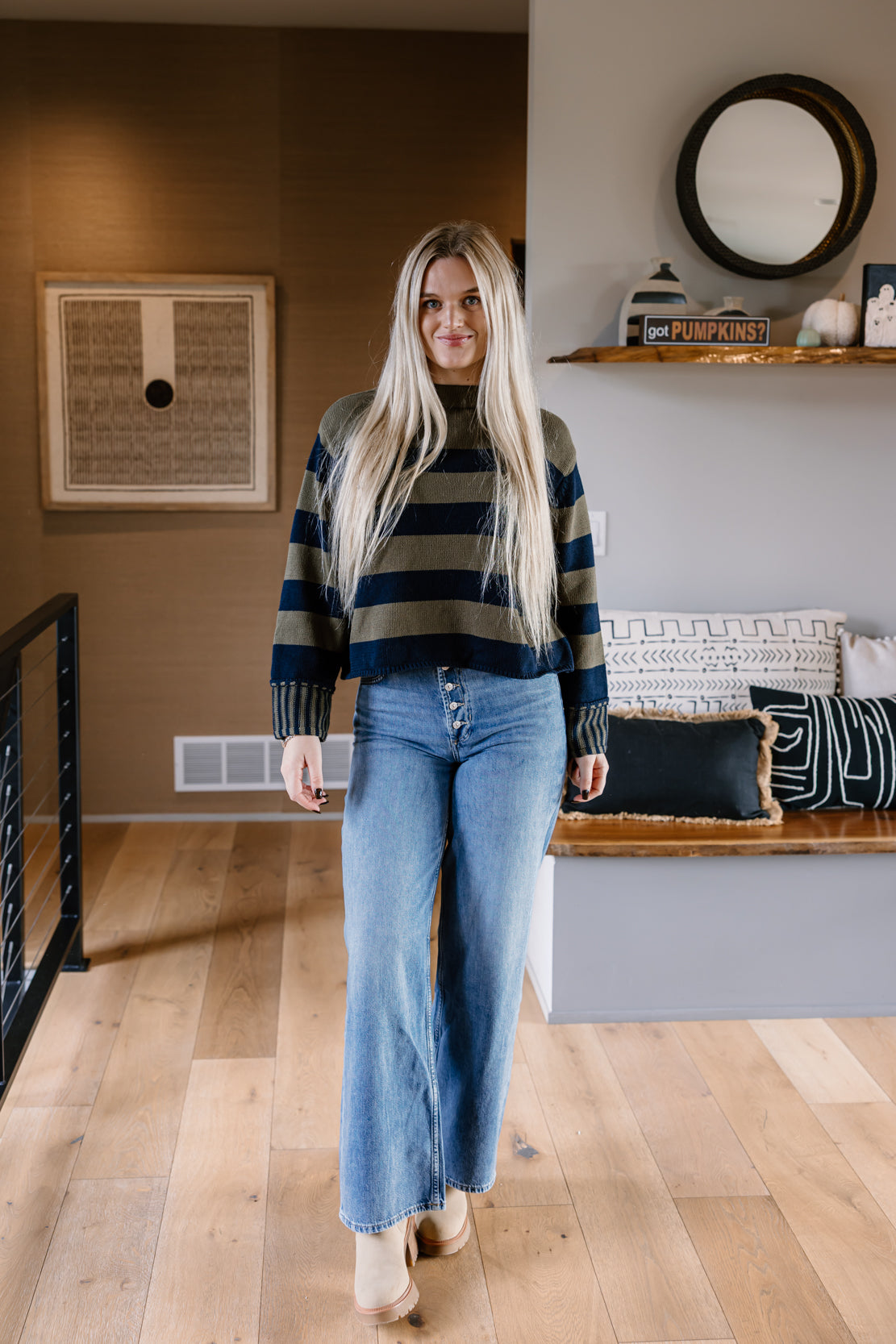 Faye Striped Knit Sweater | Navy/Olive