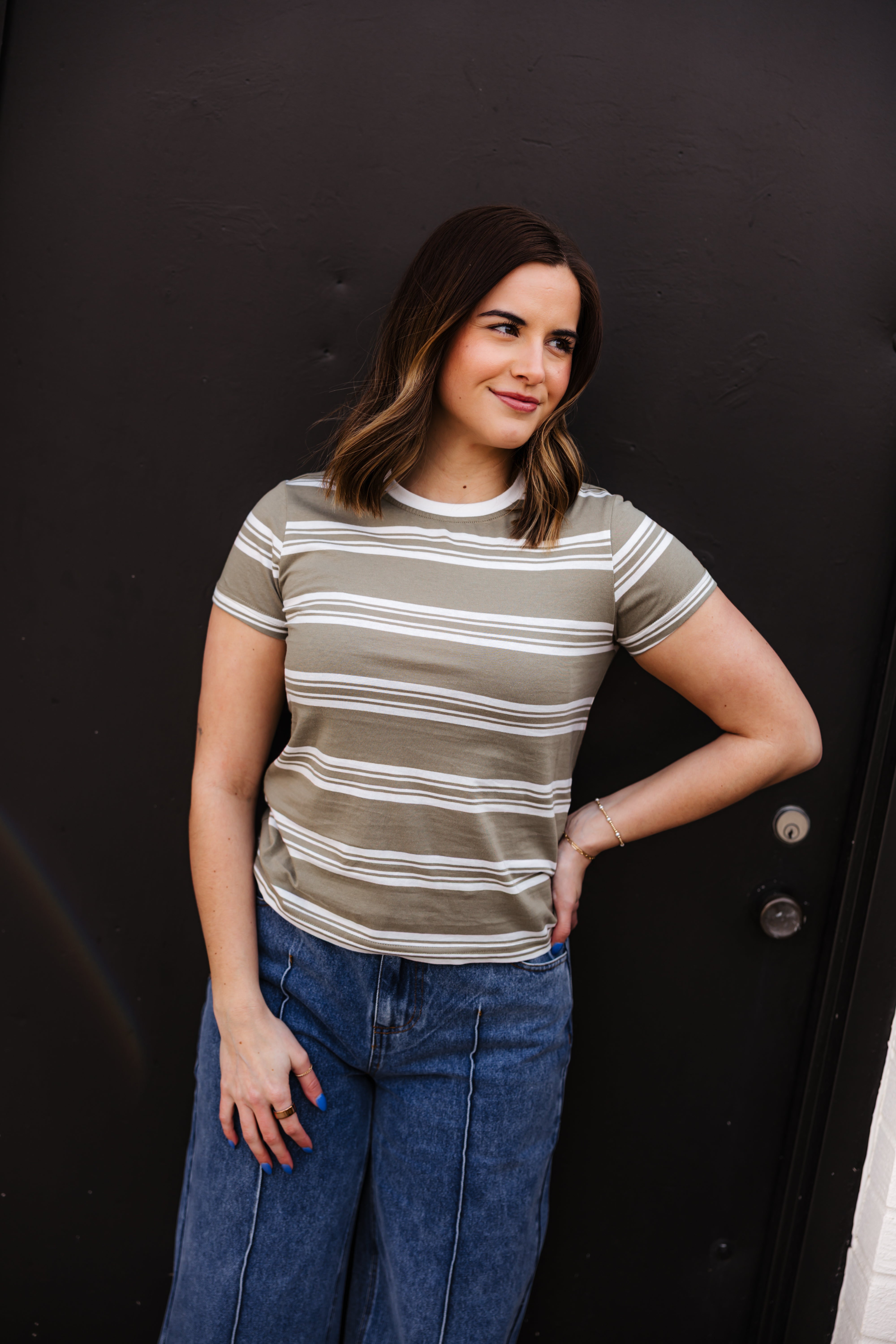 Natalie Striped Tee | Green Tea Ivory