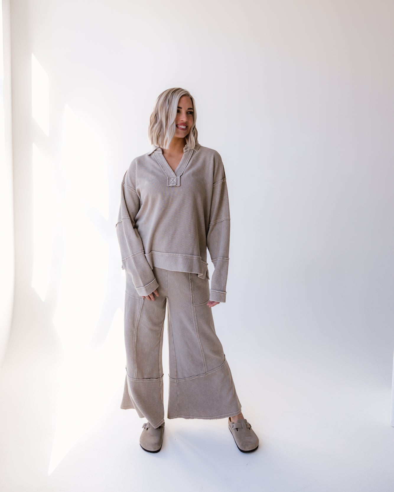 Carlie Wide Leg Mineral Wash Pant | Light Mocha