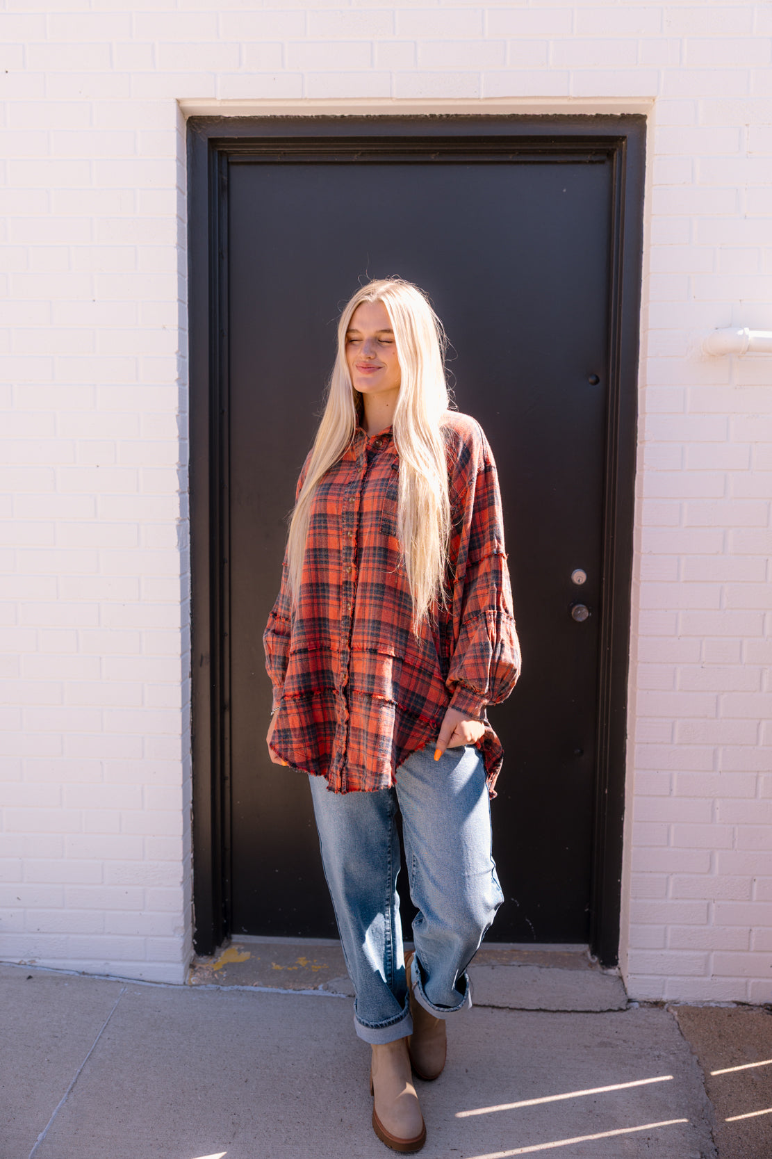 Kenzie Oversized Plaid Tunic | Pinkish coral