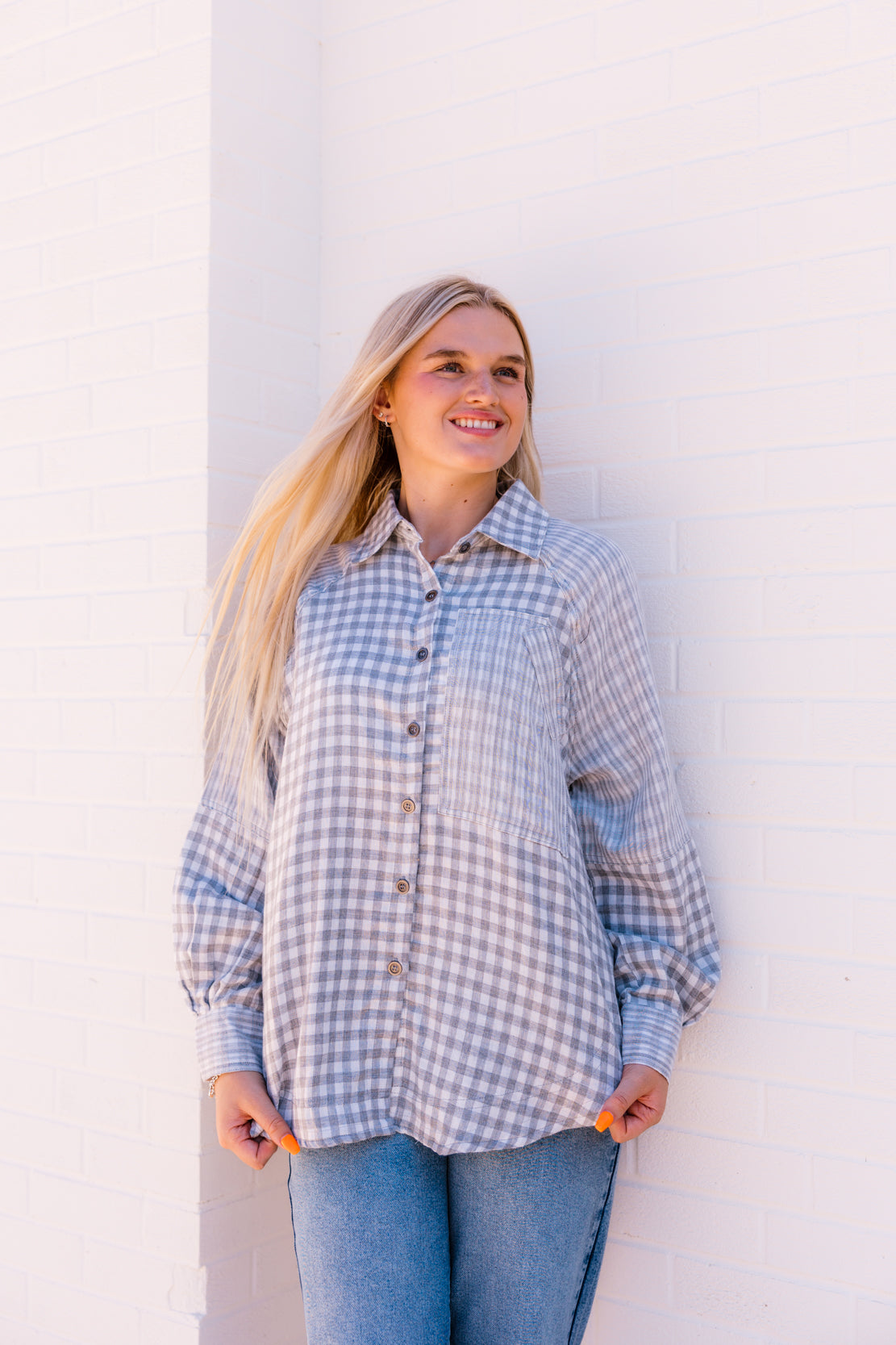 Tristen Checkered Mix Button Down | Light Grey