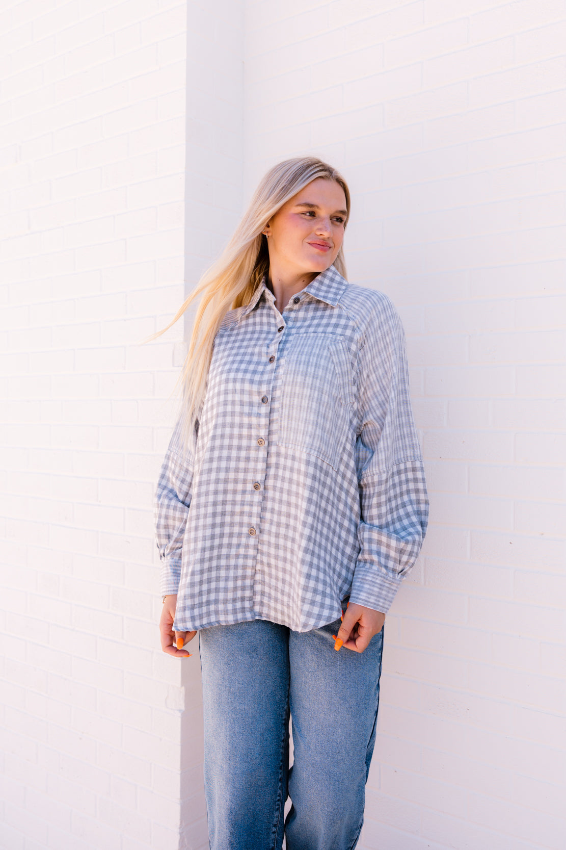 Tristen Checkered Mix Button Down | Light Grey