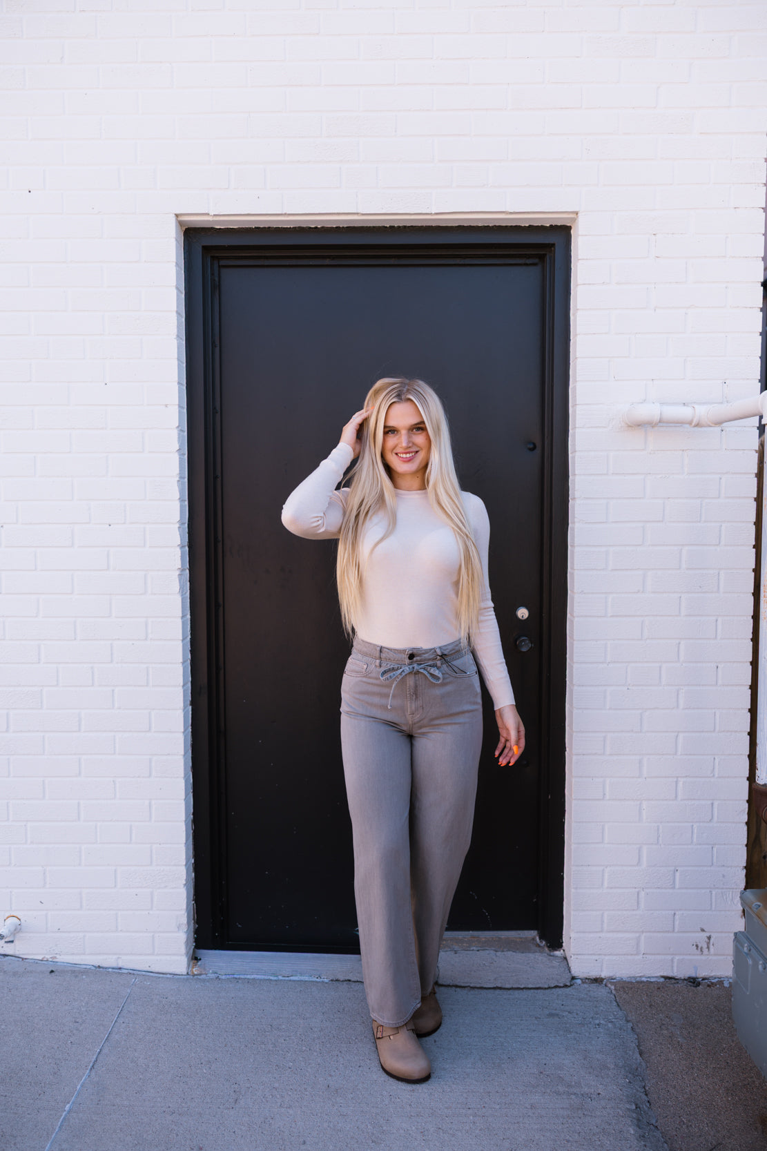Ella High Rise Tie Waist Straight Leg Jean | Gravel