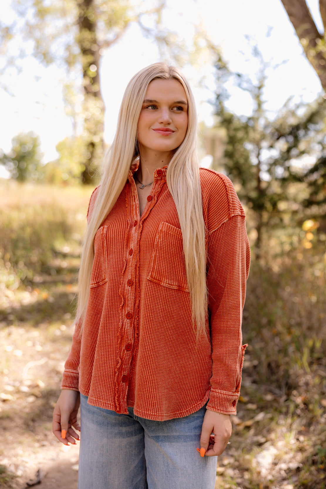 Kelsie Waffle Button Down | Rust