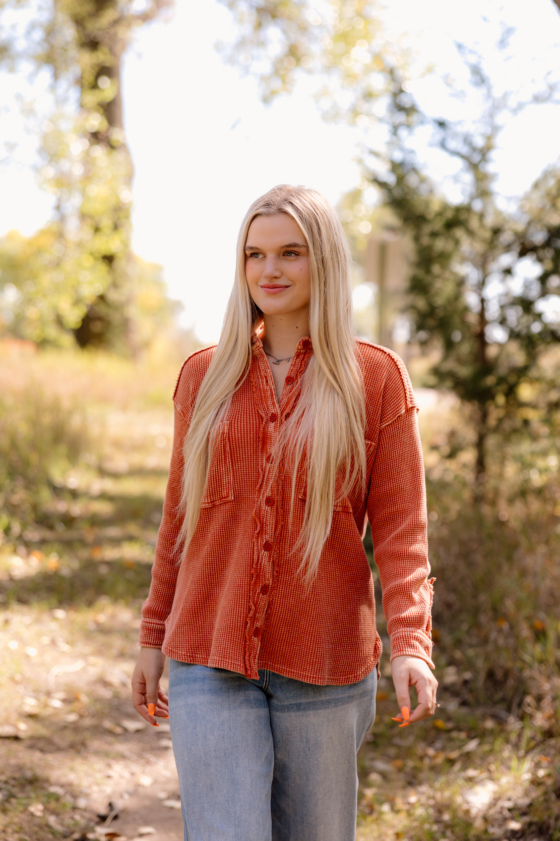 Kelsie Waffle Button Down | Rust