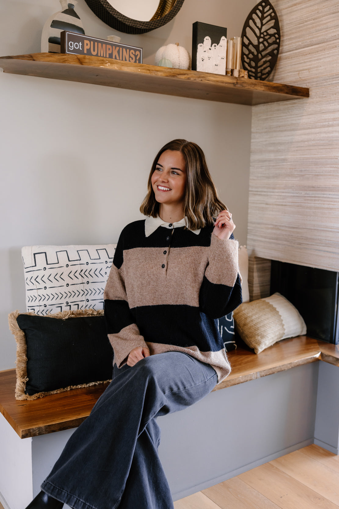 Taysha Striped Collared Sweater | Khaki