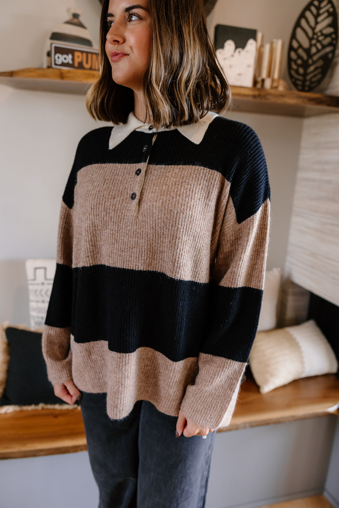 Taysha Striped Collared Sweater | Khaki