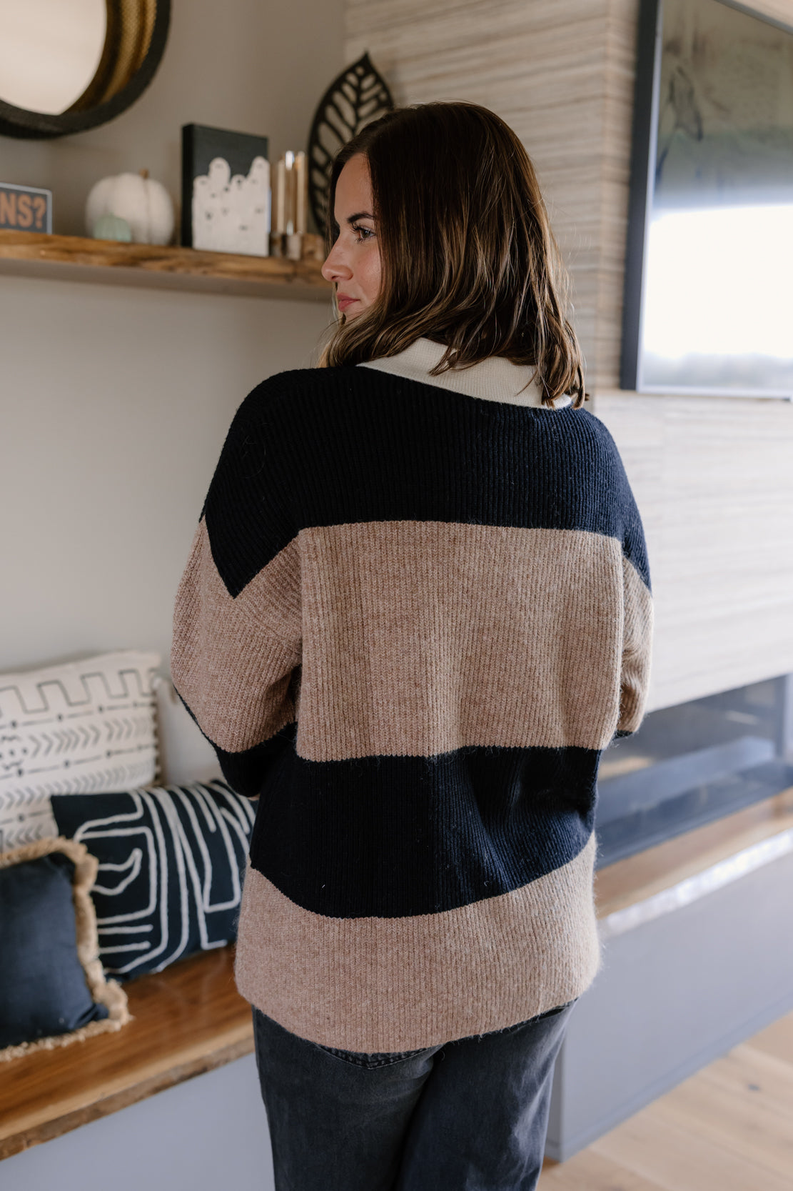 Taysha Striped Collared Sweater | Khaki