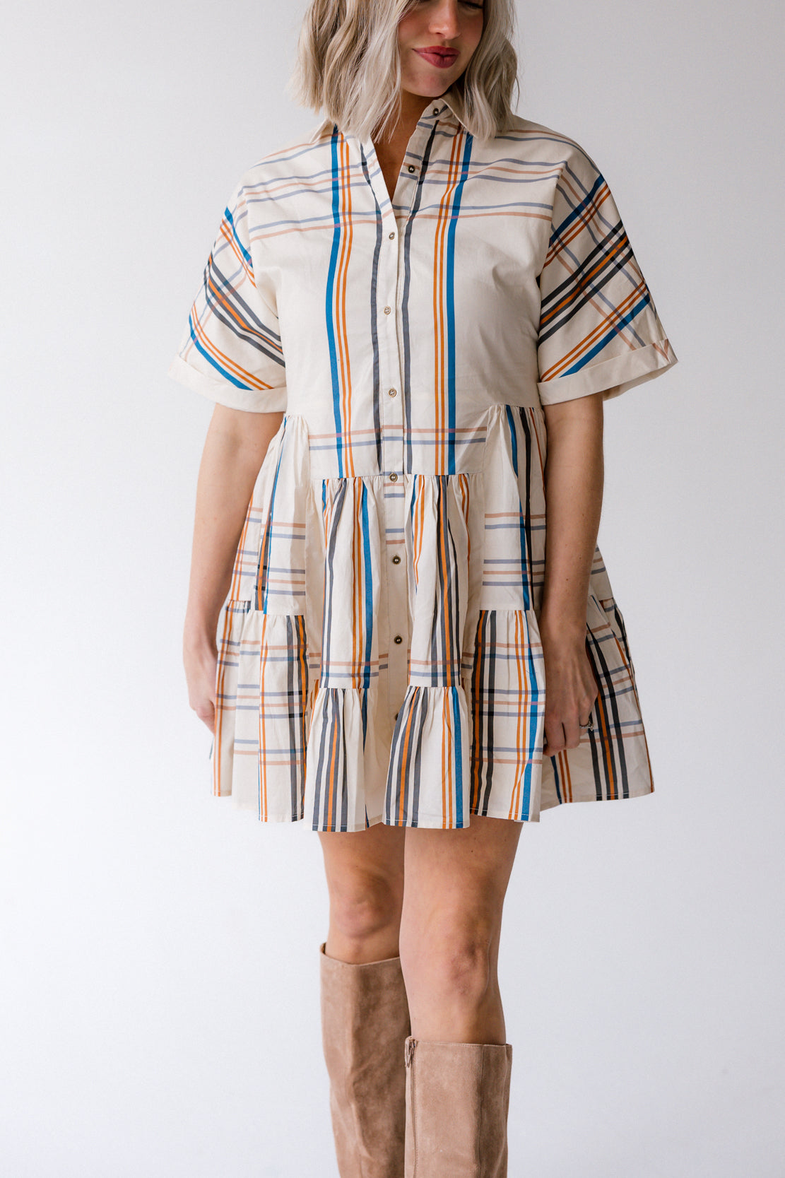 Delaney Plaid Mini Shirt Dress | Ivory