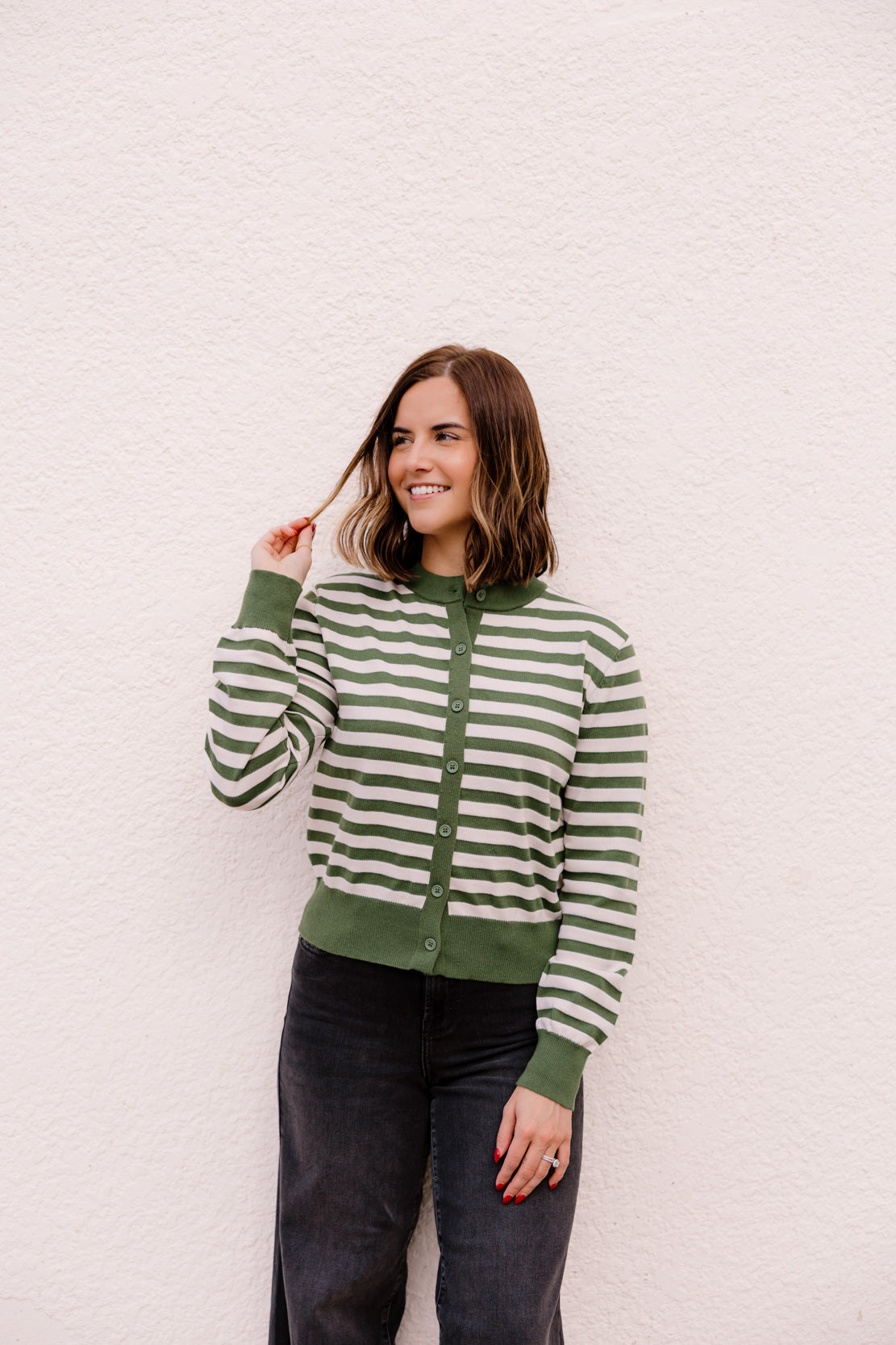 Ellie Striped Cardigan | Forest Green/Cream