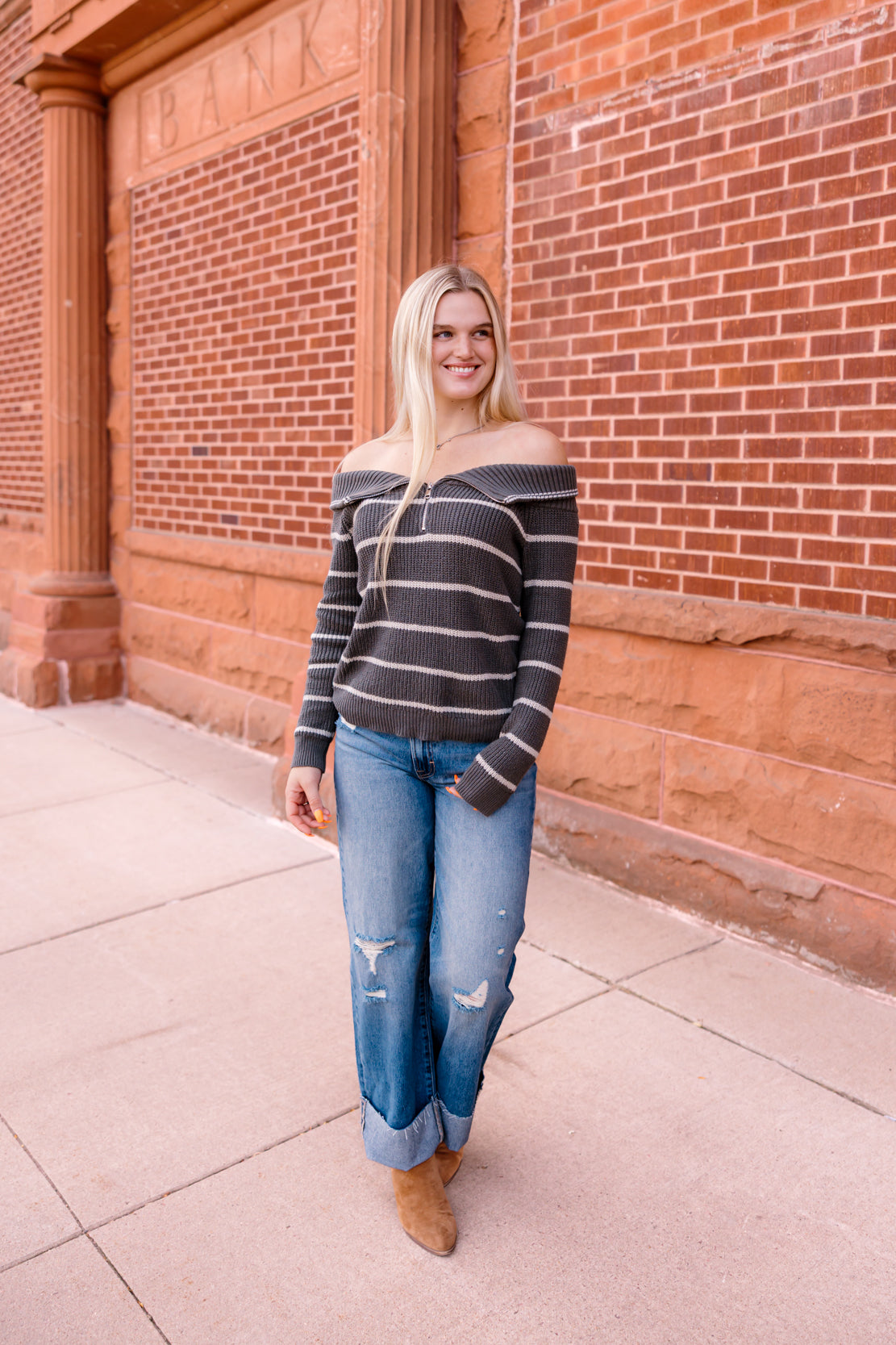 Sarah Striped Off-The-Shoulder Sweater | Olive/Stone