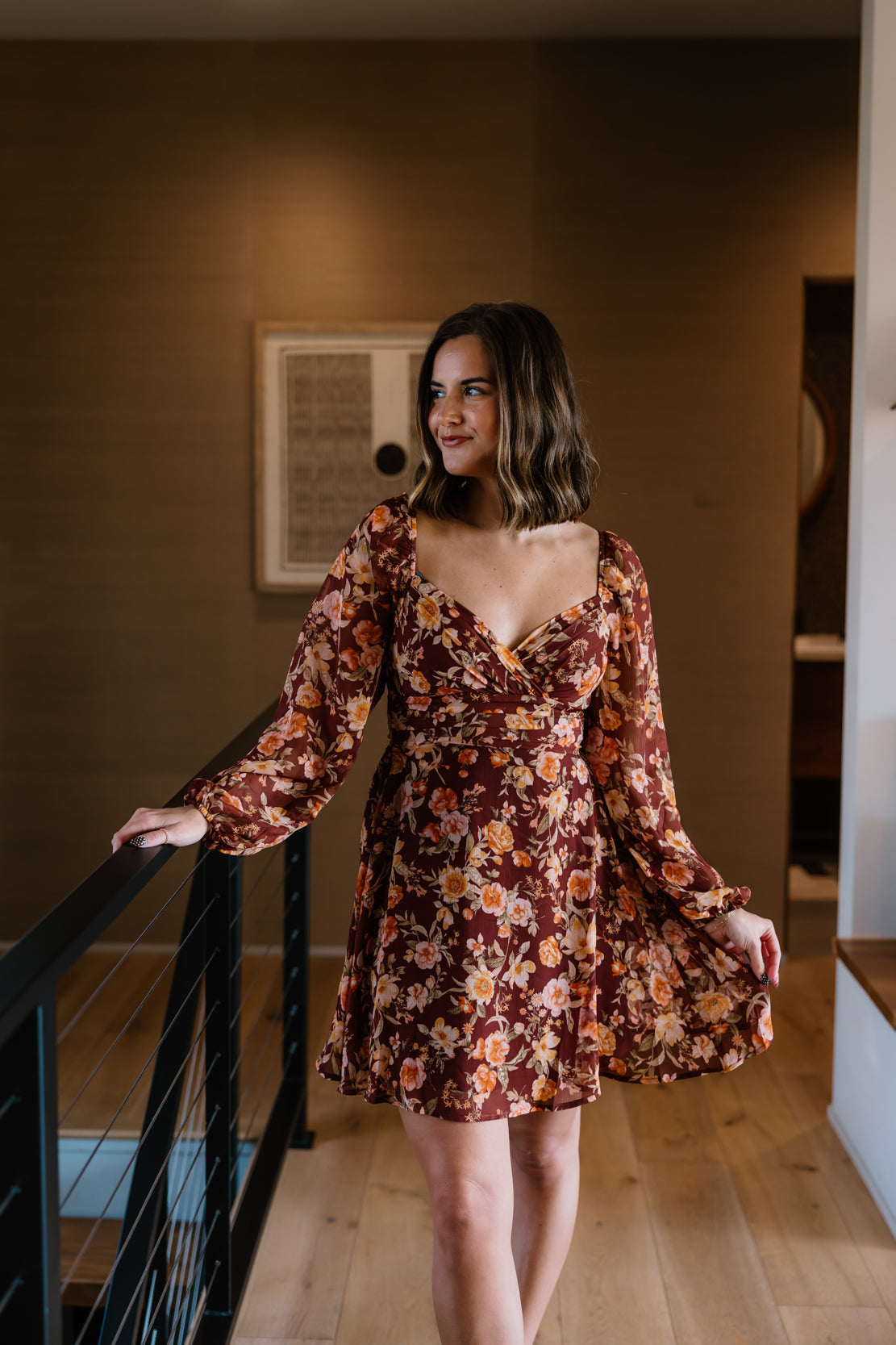 Kellie Floral Long Sleeve Mini Dress | Burgundy Multi