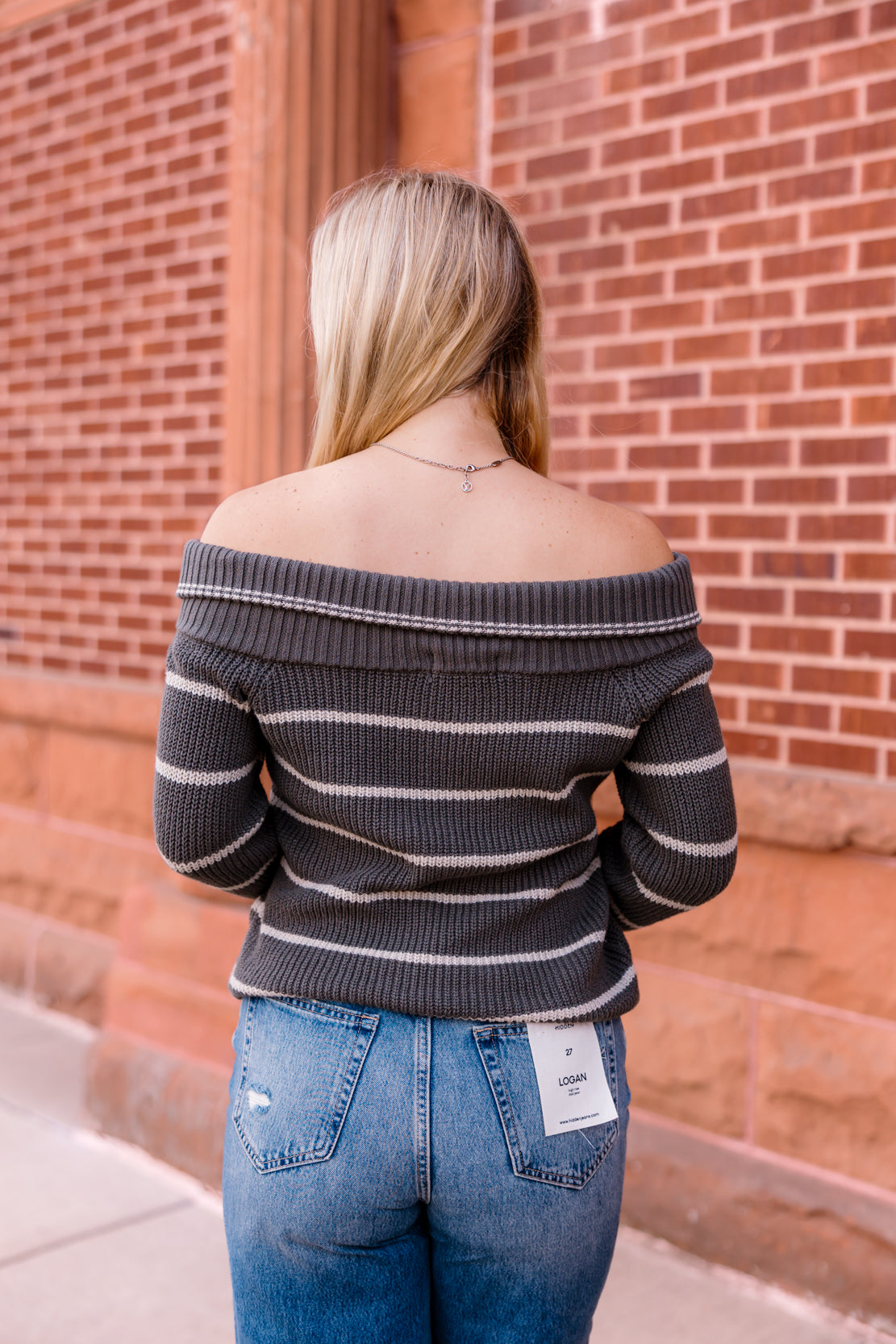 Sarah Striped Off-The-Shoulder Sweater | Olive/Stone