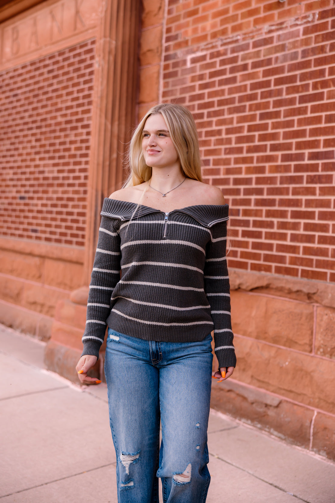 Sarah Striped Off-The-Shoulder Sweater | Olive/Stone