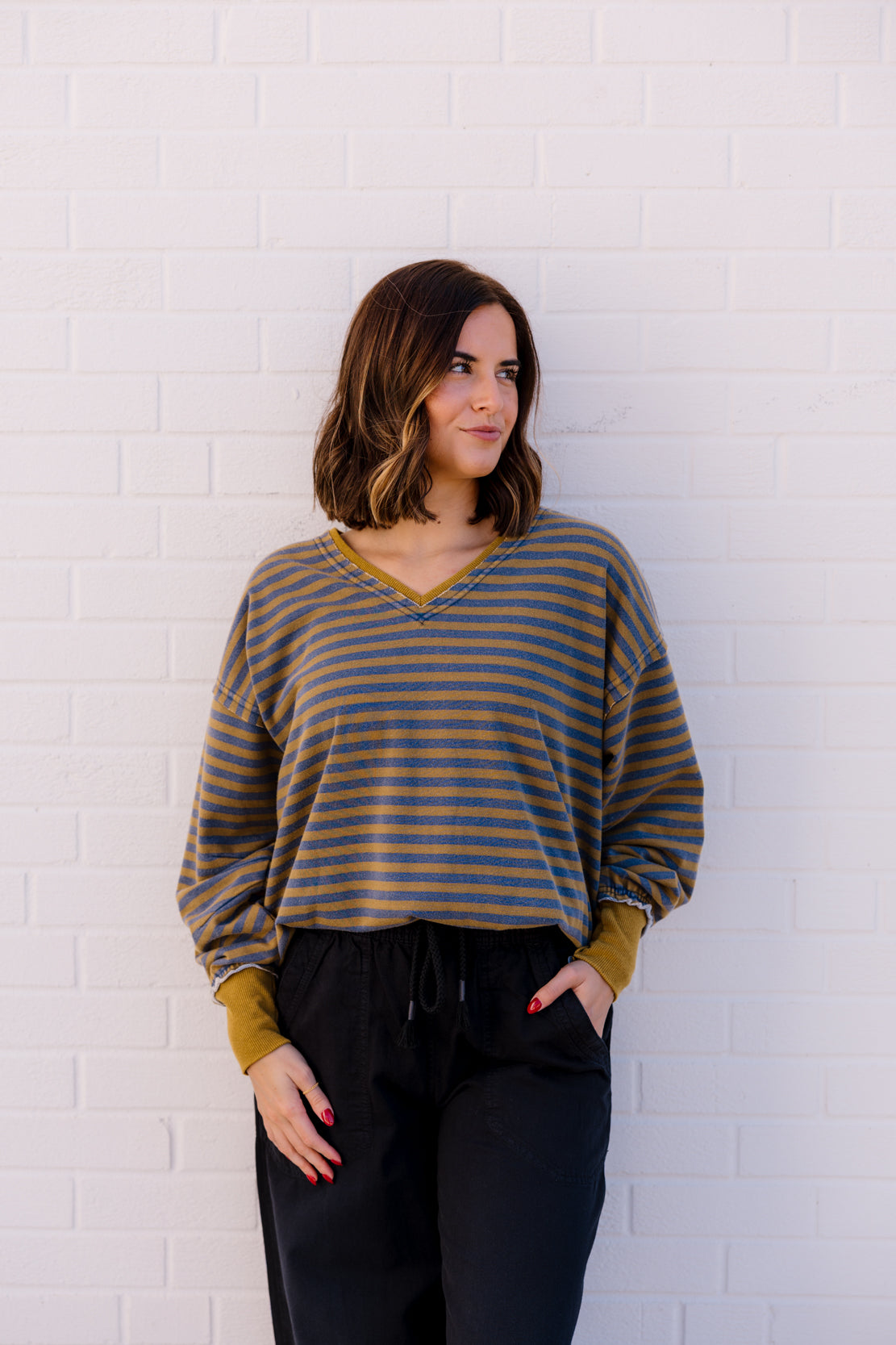 Tia Striped V-Neck Sweatshirt | Olive/Navy