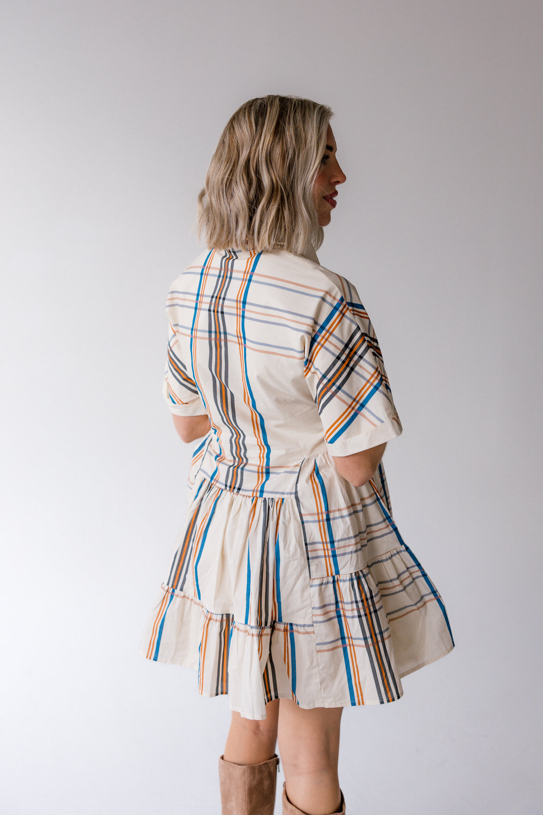 ivory plaid dress Plaid Behavior Ivory and Brown Plaid Long Sleeve Mini Dress