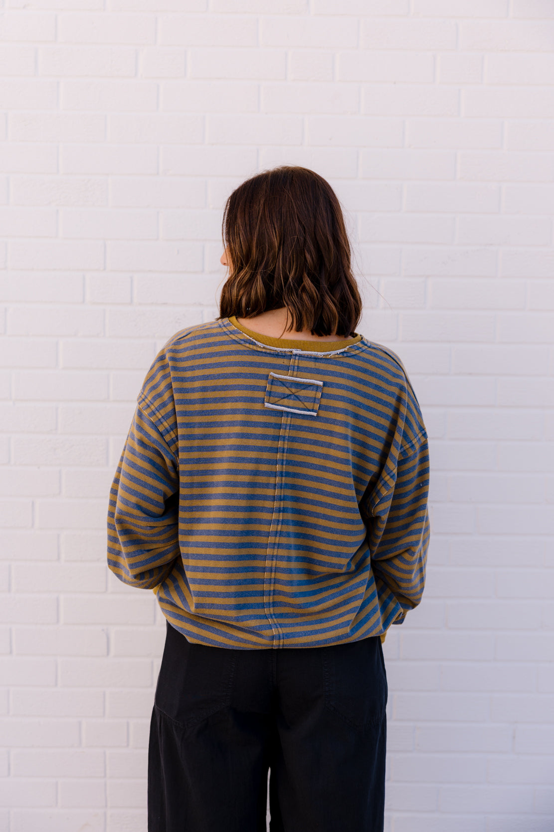 Tia Striped V-Neck Sweatshirt | Olive/Navy