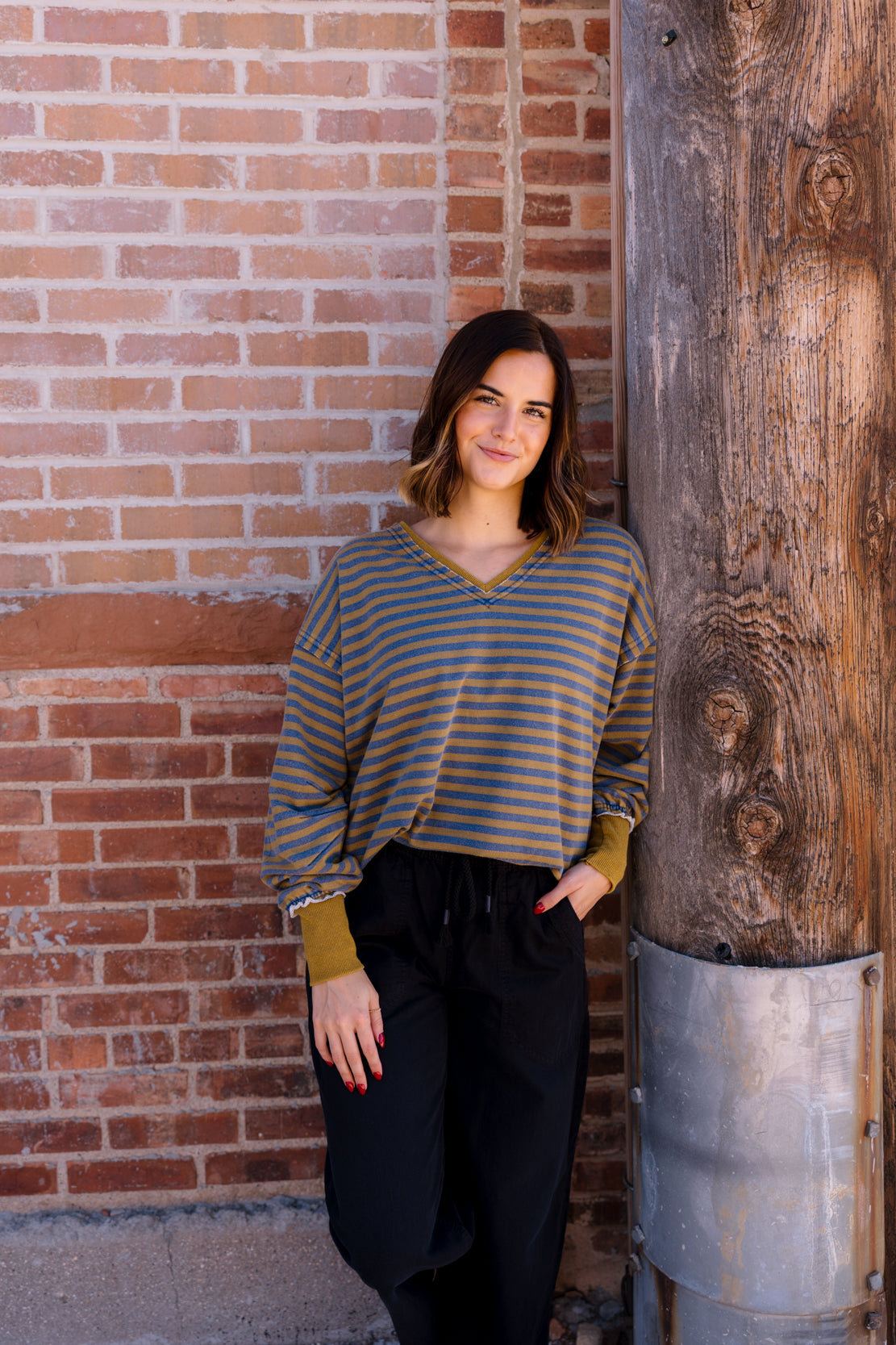 Tia Striped V-Neck Sweatshirt | Olive/Navy