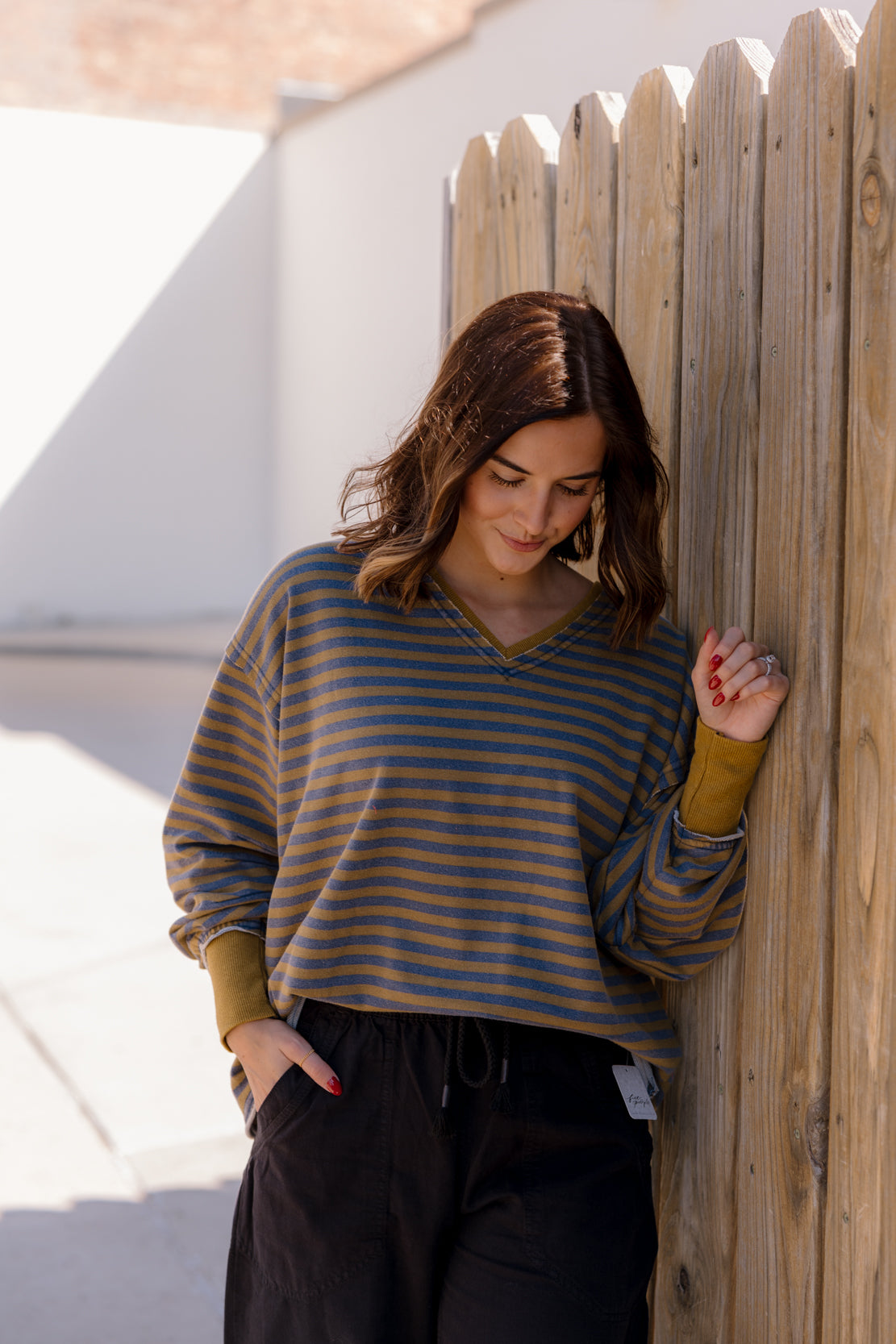 Tia Striped V-Neck Sweatshirt | Olive/Navy