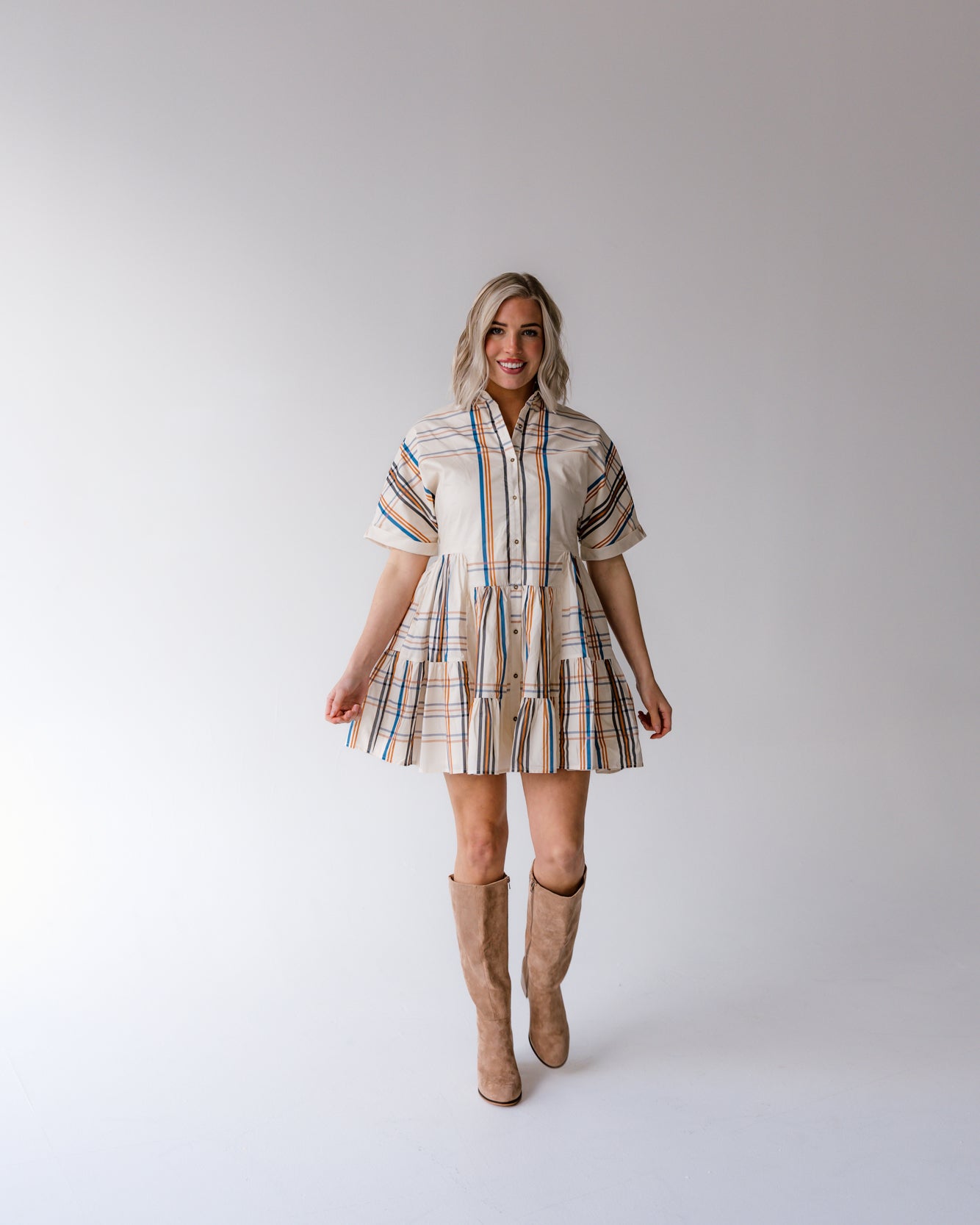 Delaney Plaid Mini Shirt Dress | Ivory