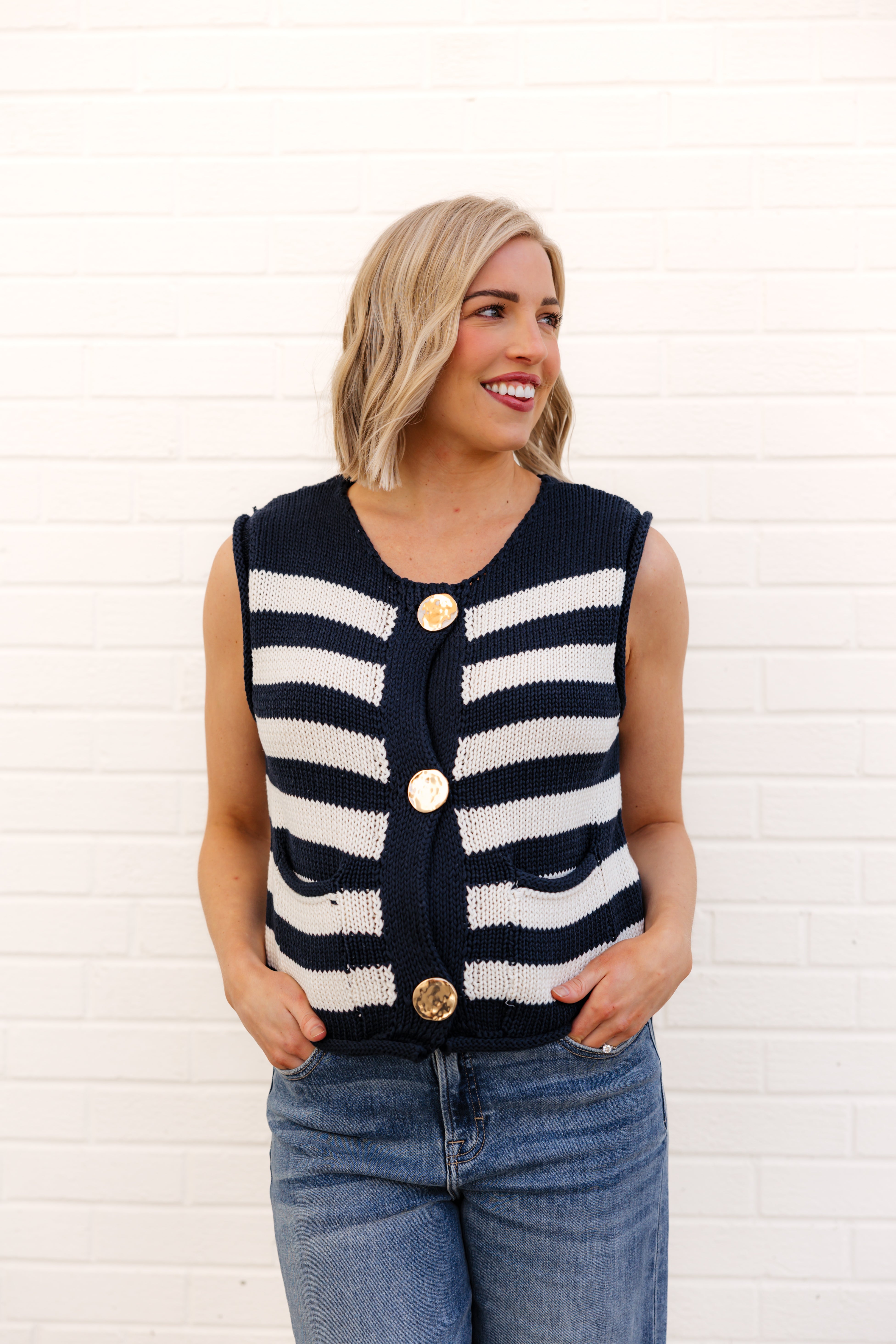 Haven Striped Sweater Vest | Navy Cream